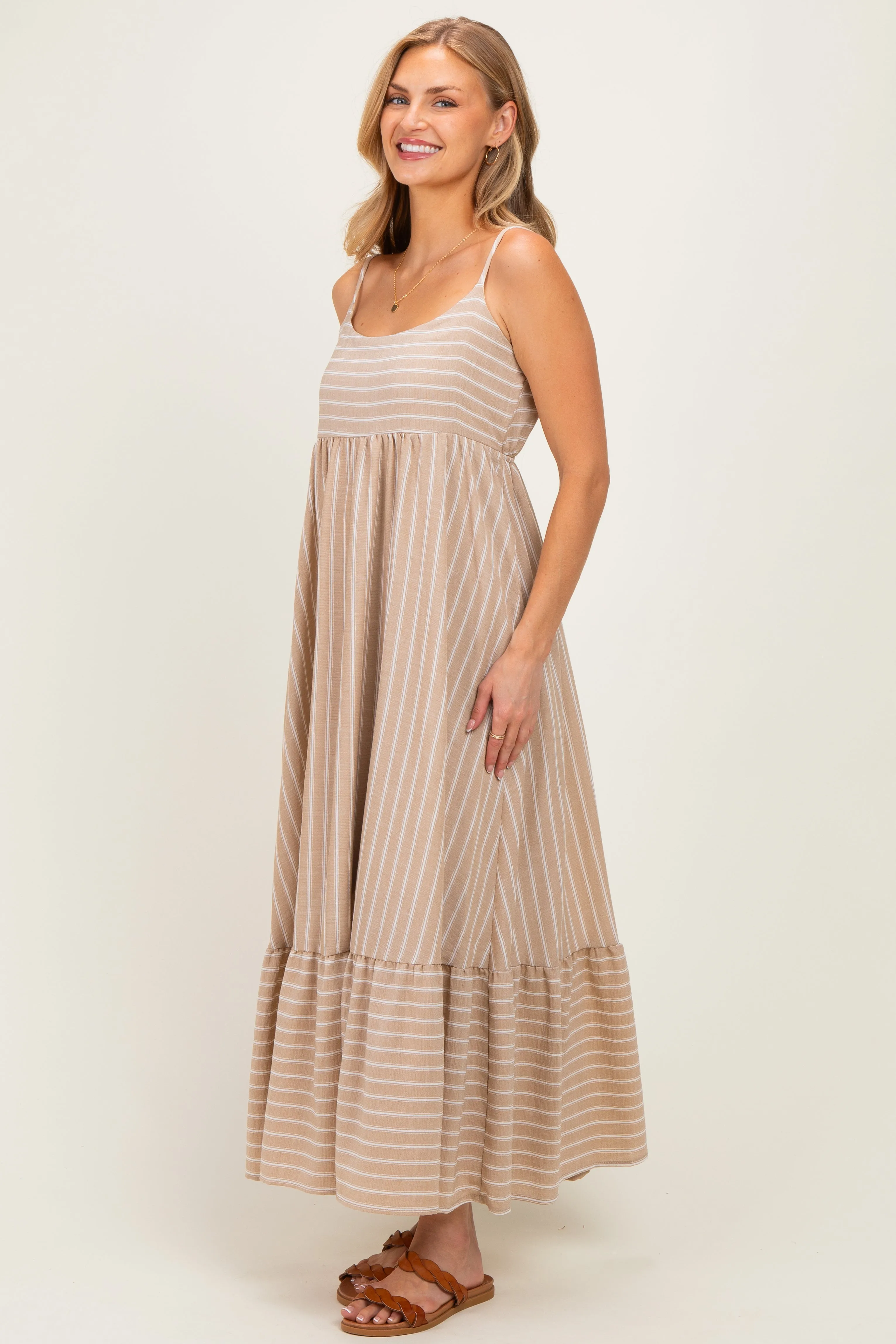 Taupe/ Off White Striped Sleeveless Ruffle Hem Maxi Dress sold by Pinkblush product image thumbnail 2