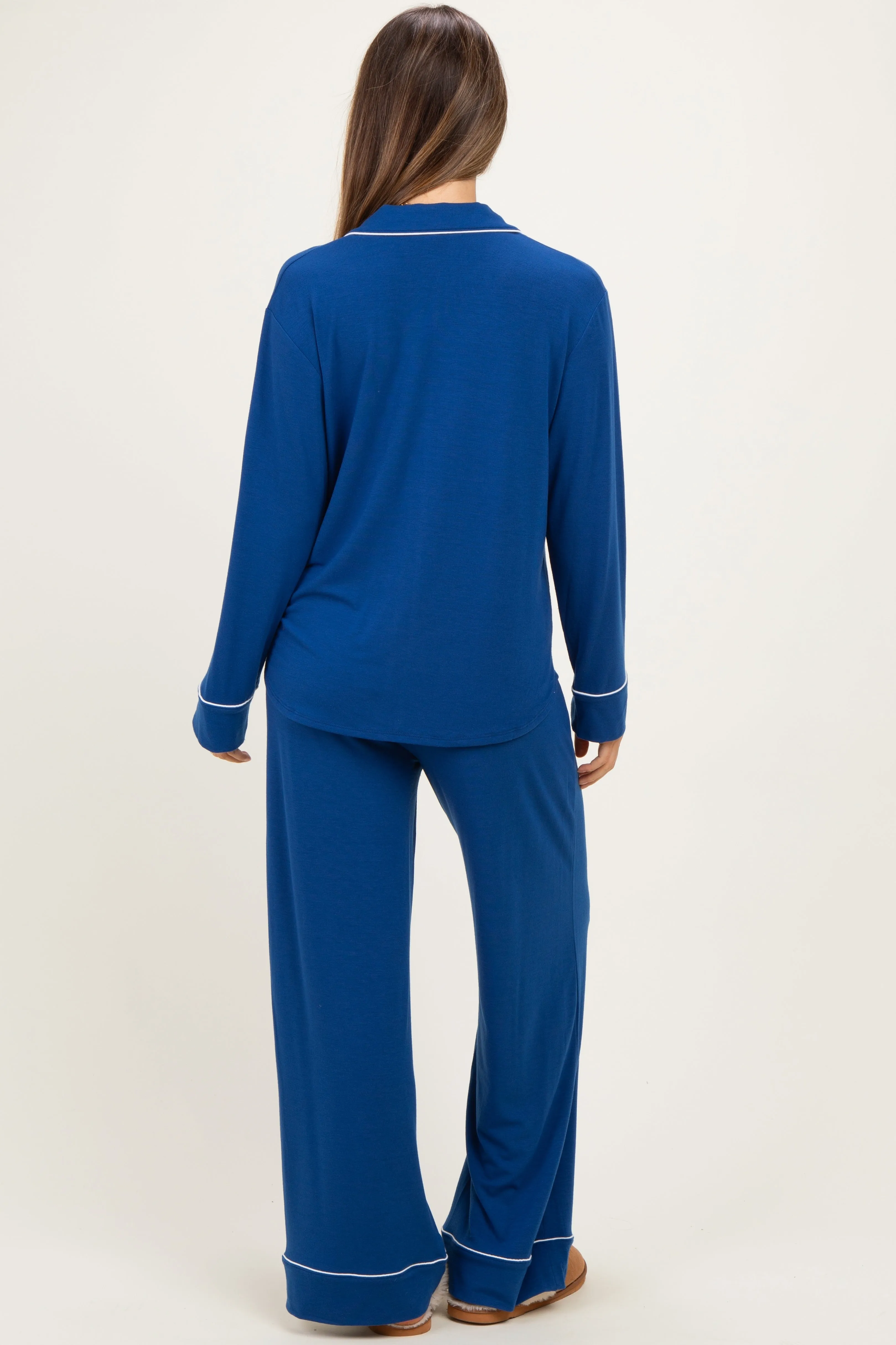 Light Navy Button Down Top Wide Leg Pant Maternity Pajama Set sold by Pinkblush product image thumbnail 3