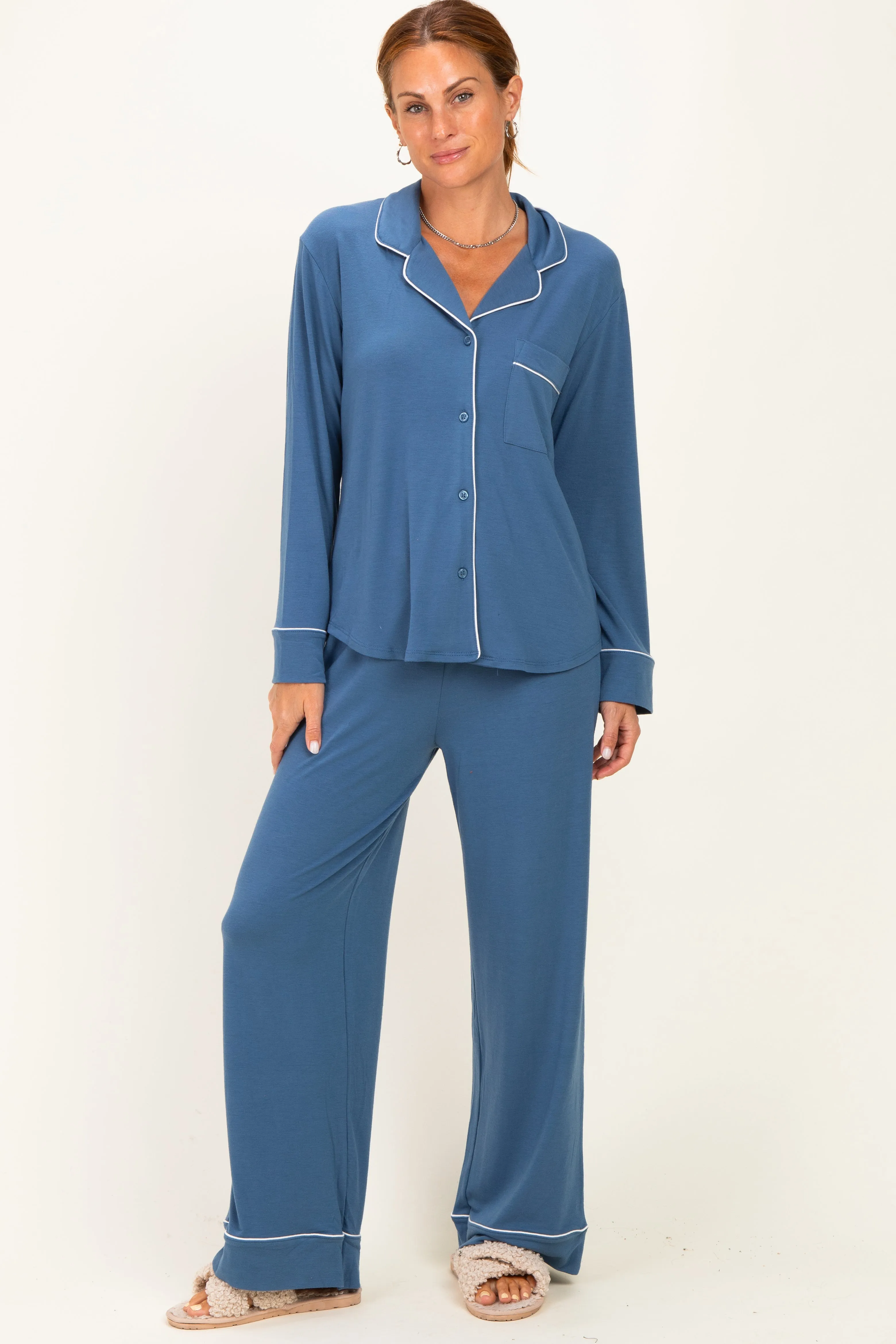 Light Navy Button Down Top Wide Leg Pant Maternity Pajama Set sold by Pinkblush product image thumbnail 4