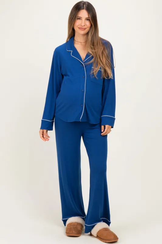 Light Navy Button Down Top Wide Leg Pant Maternity Pajama Set made by Zenana Outfitters