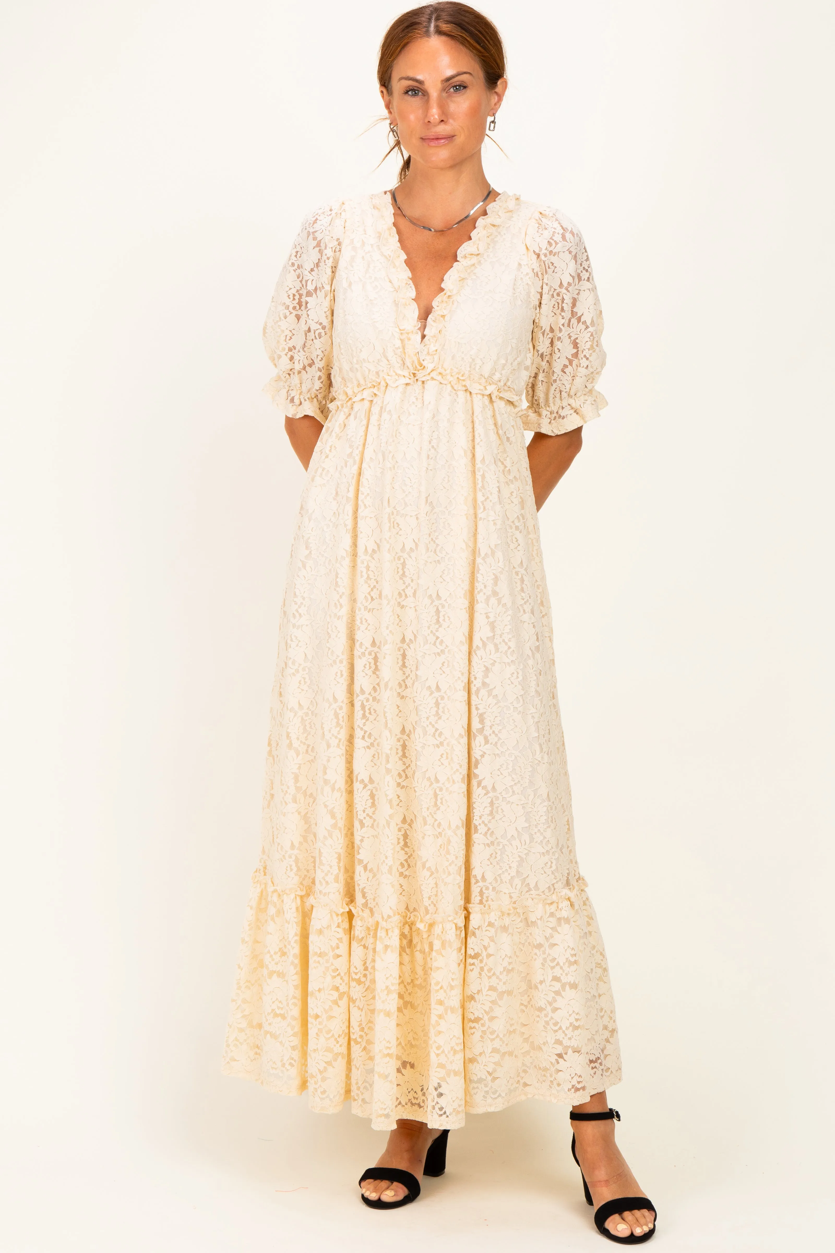 Ivory Floral Lace V-Neck Maxi Dress sold by Pinkblush product image thumbnail 2