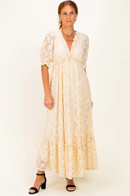 Ivory Floral Lace V-Neck Maxi Dress made by Pinkblush