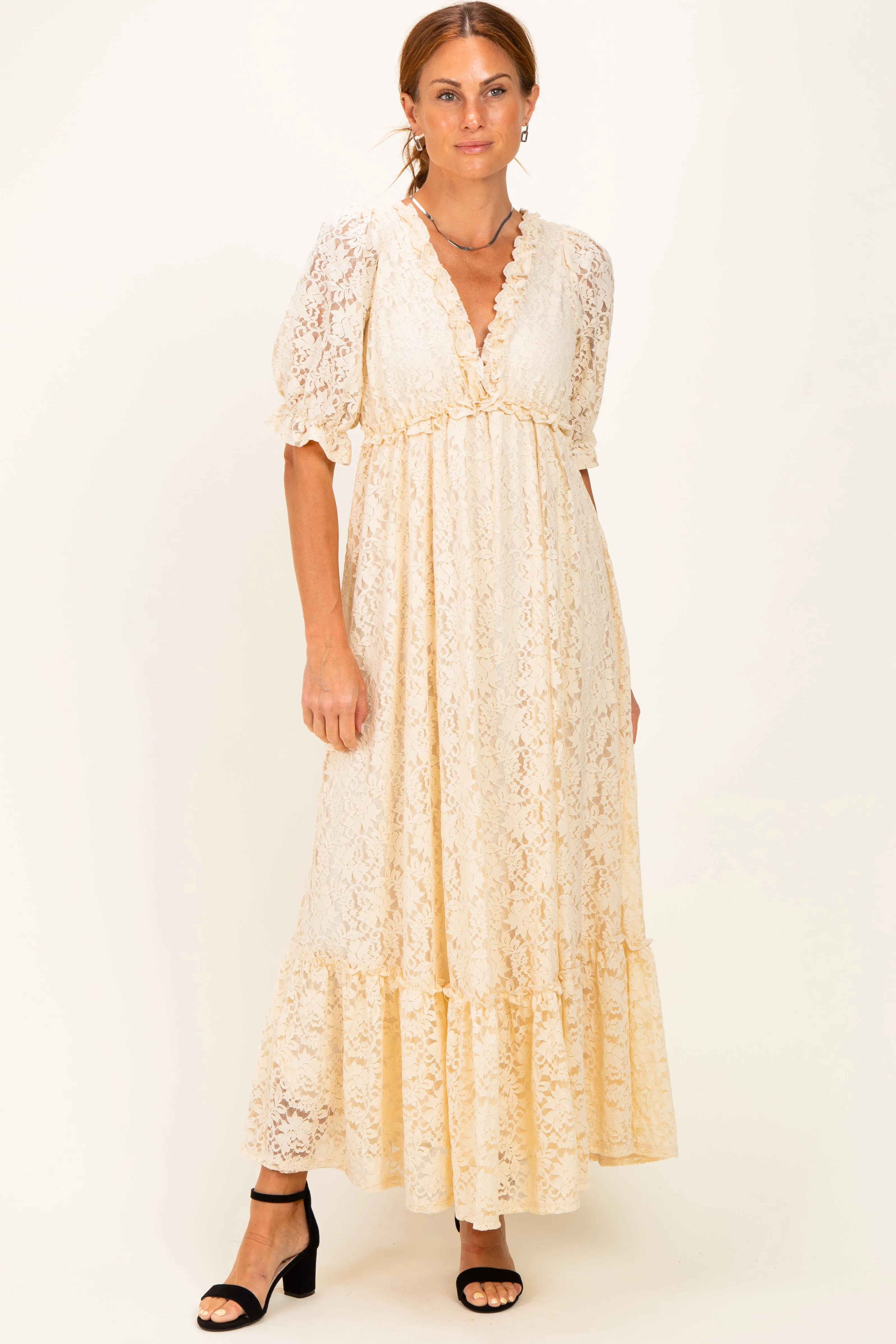 Ivory Floral Lace V-Neck Maxi Dress sold by Pinkblush