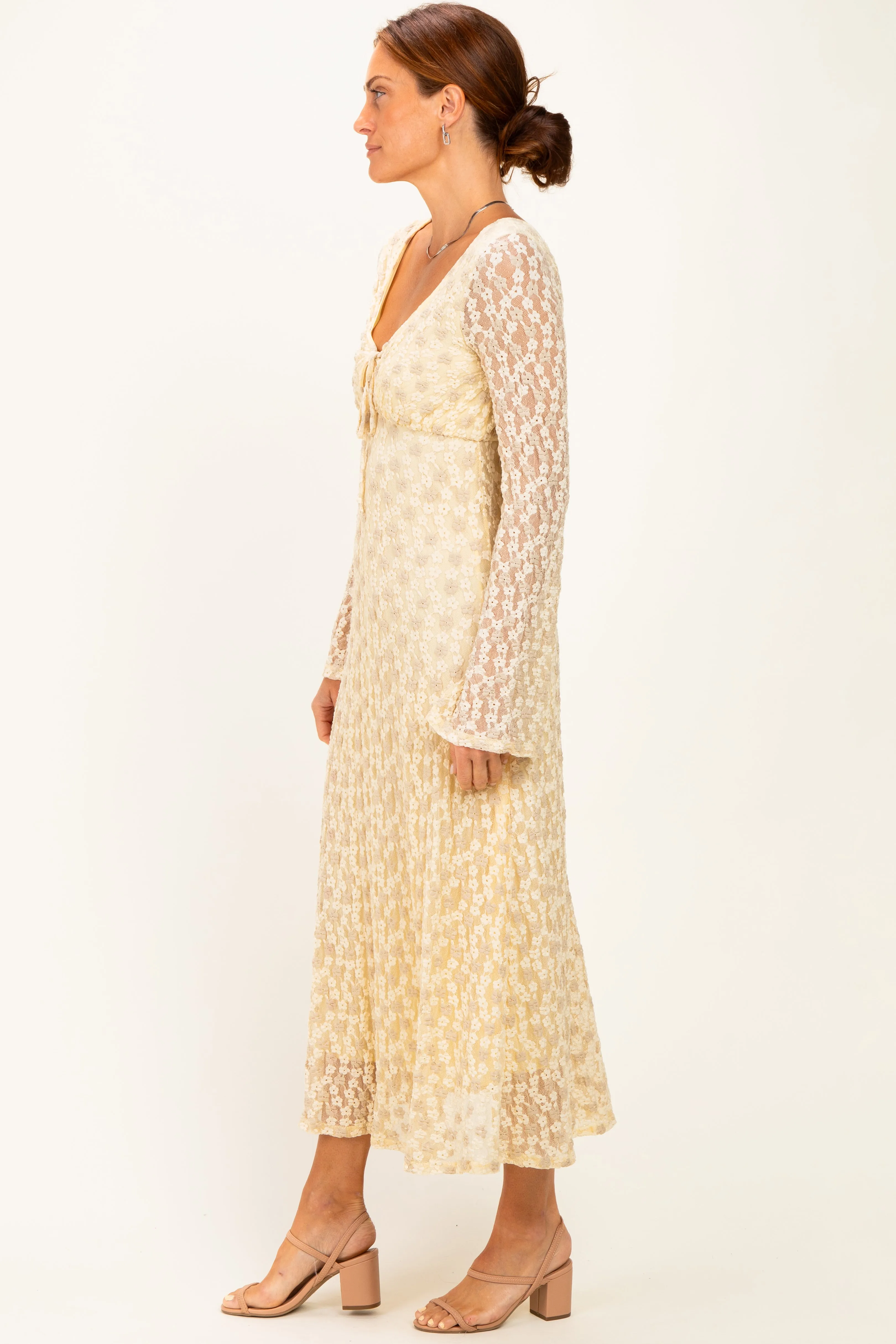 Cream Floral Lace Long Bell Sleeve Midi Dress sold by Pinkblush product image thumbnail 3