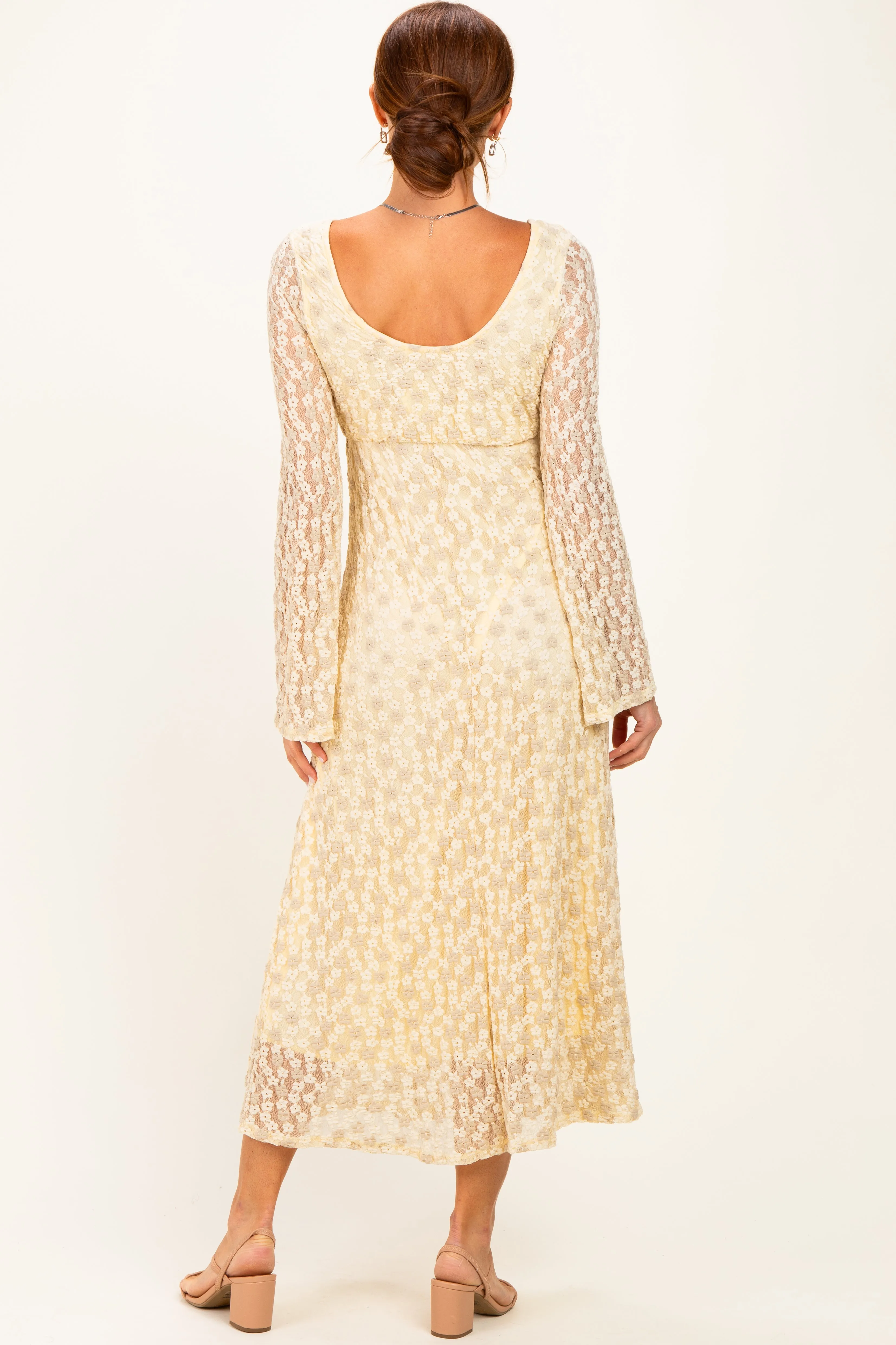Cream Floral Lace Long Bell Sleeve Midi Dress sold by Pinkblush product image thumbnail 4
