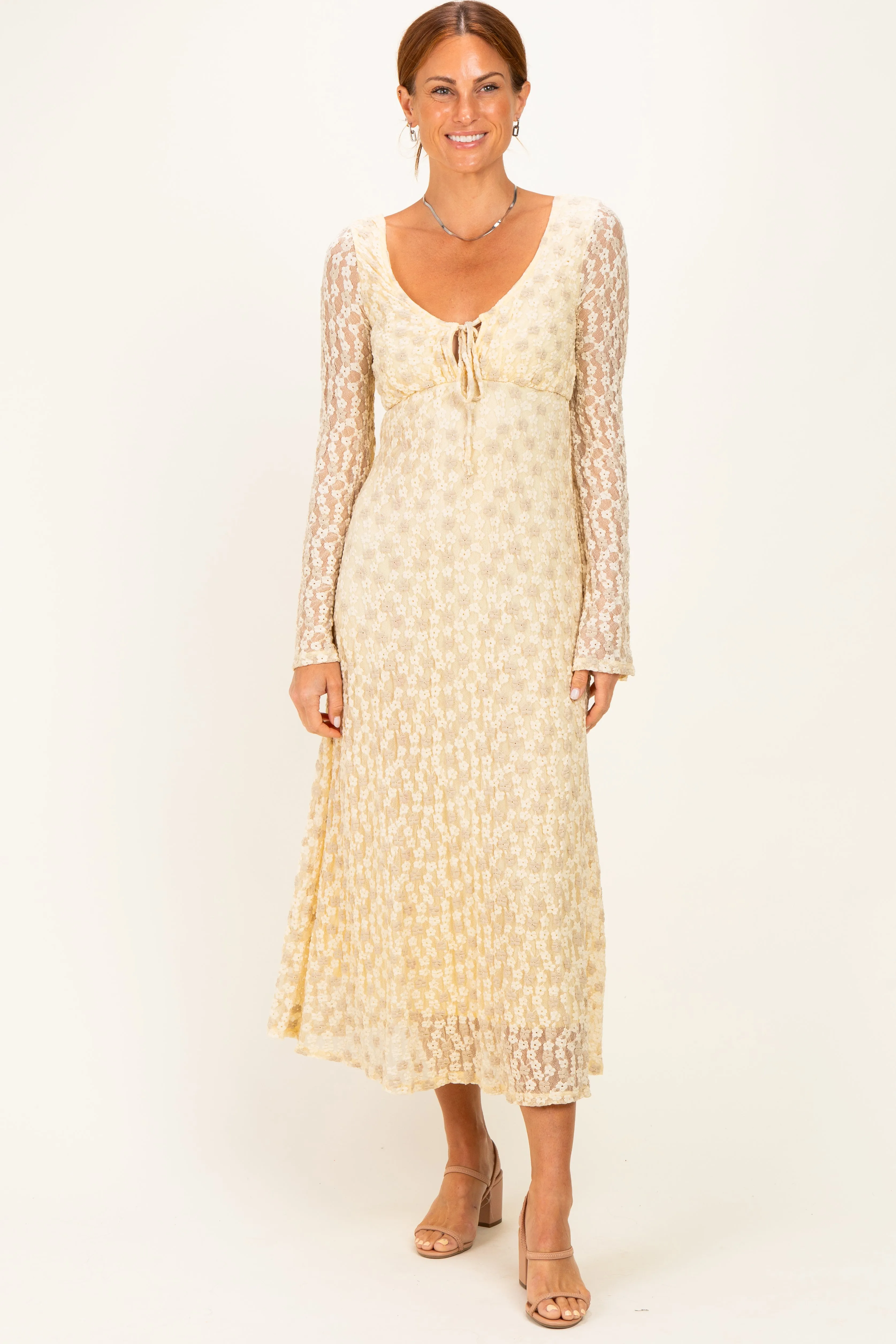 Cream Floral Lace Long Bell Sleeve Midi Dress sold by Pinkblush