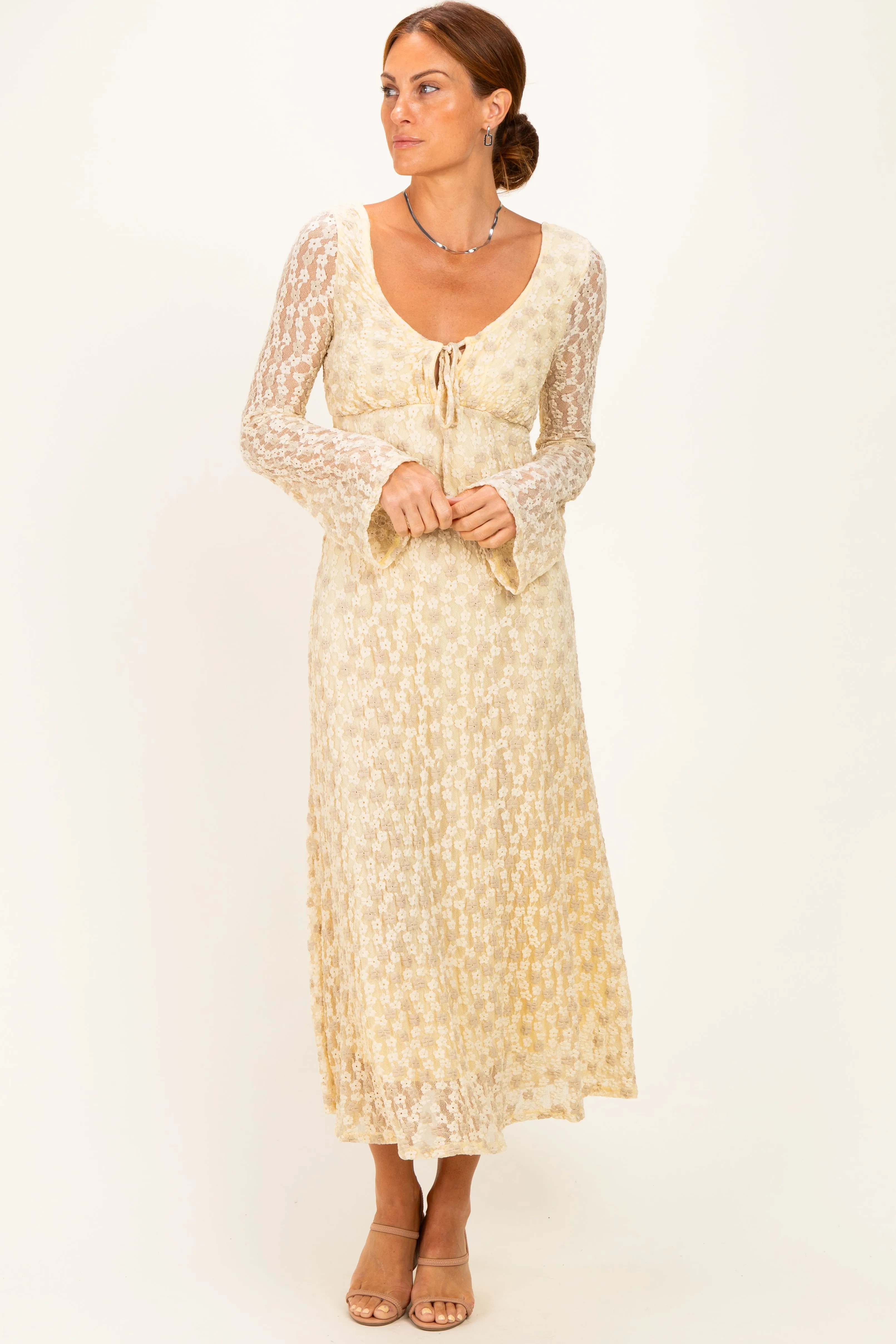 Cream Floral Lace Long Bell Sleeve Midi Dress sold by Pinkblush product image thumbnail 2