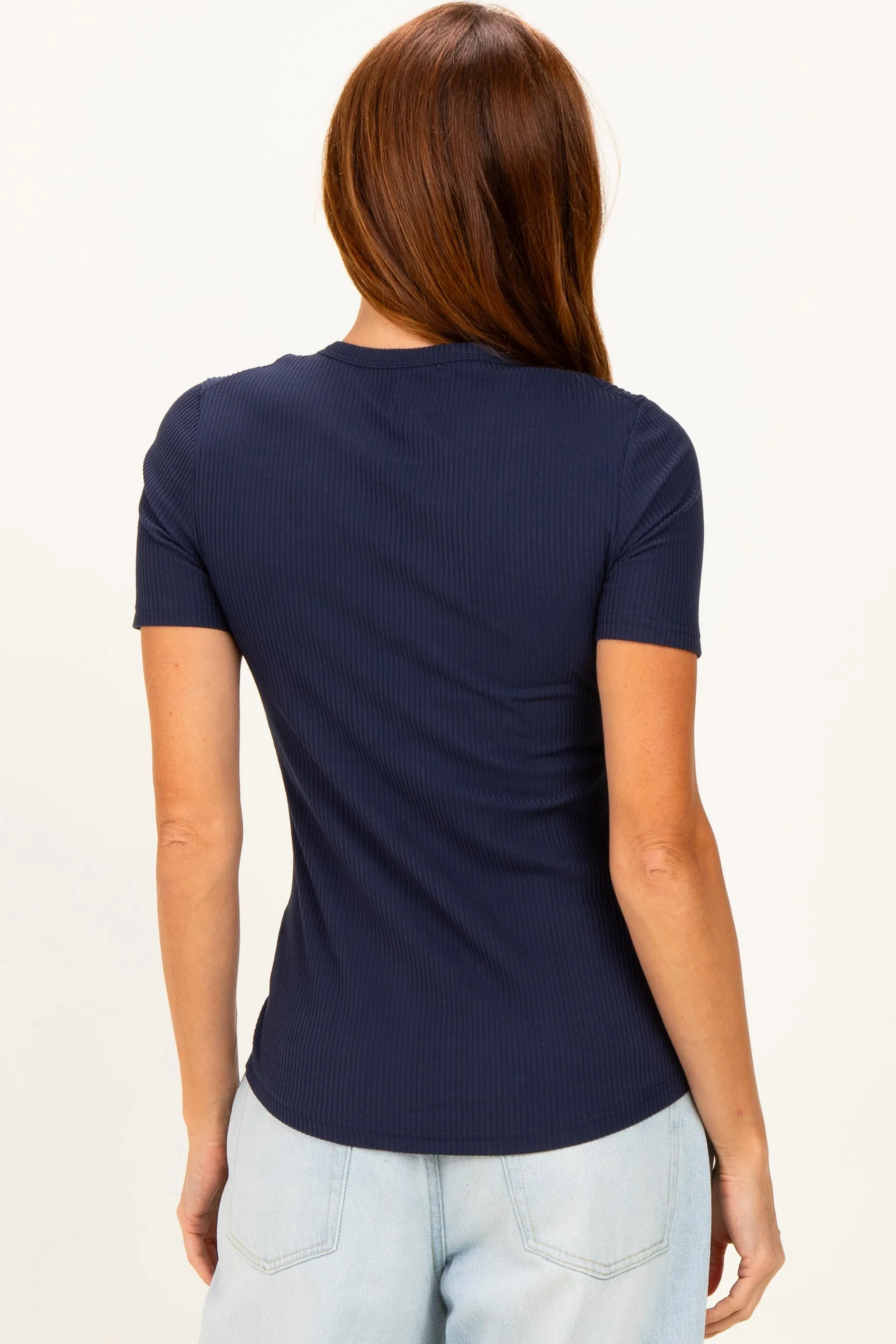 Navy Brushed Ribbed Knit Crewneck Tee sold by Pinkblush product image thumbnail 4