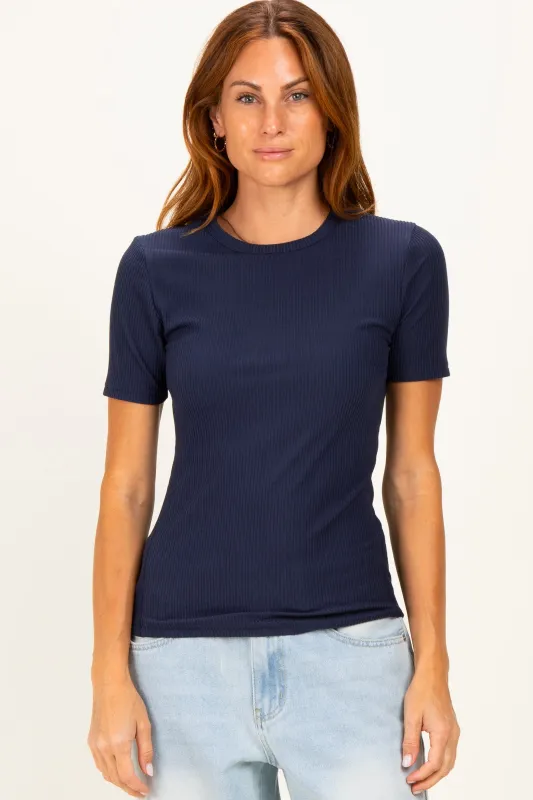 Navy Brushed Ribbed Knit Crewneck Tee made by Umgee