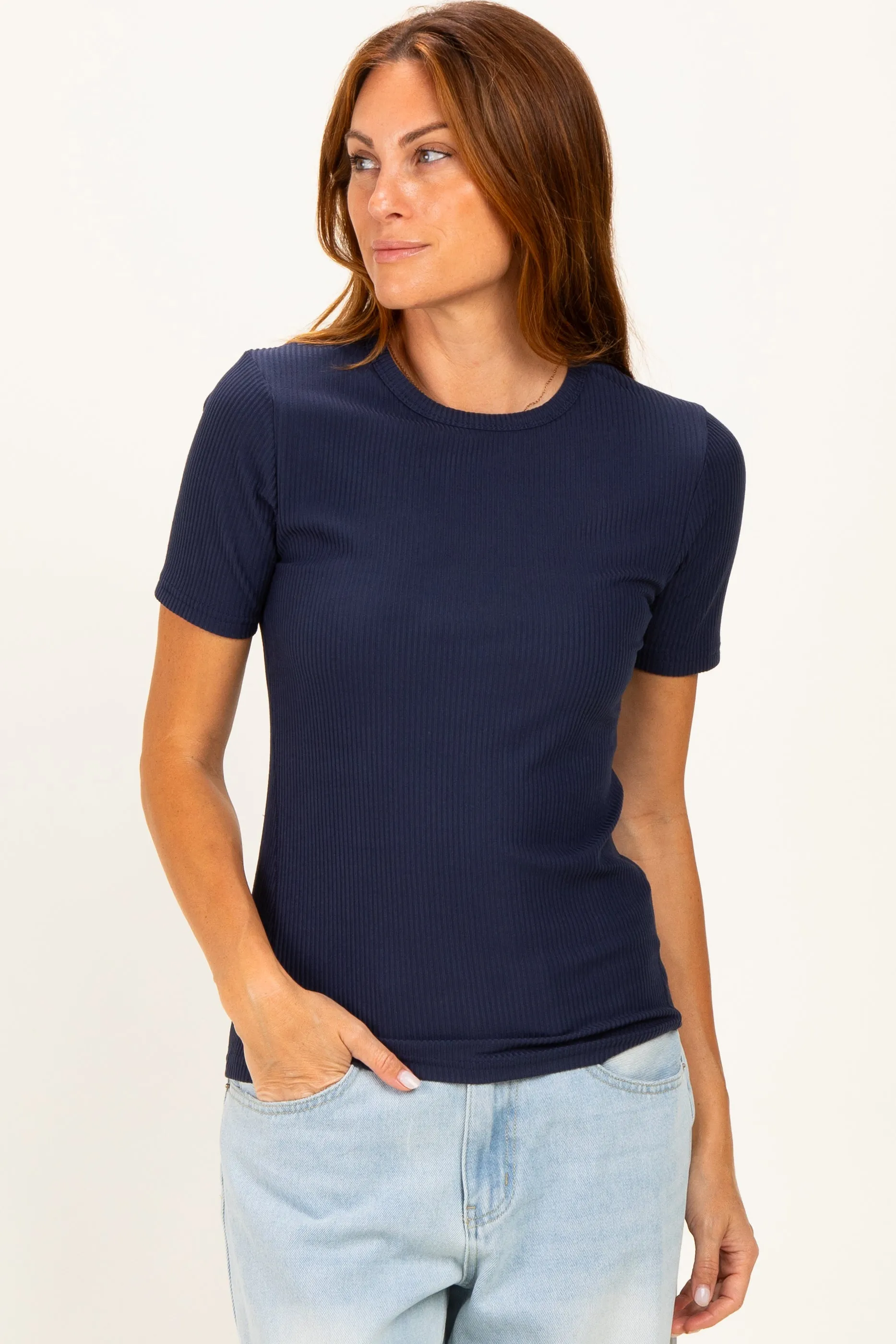 Navy Brushed Ribbed Knit Crewneck Tee sold by Pinkblush product image thumbnail 2