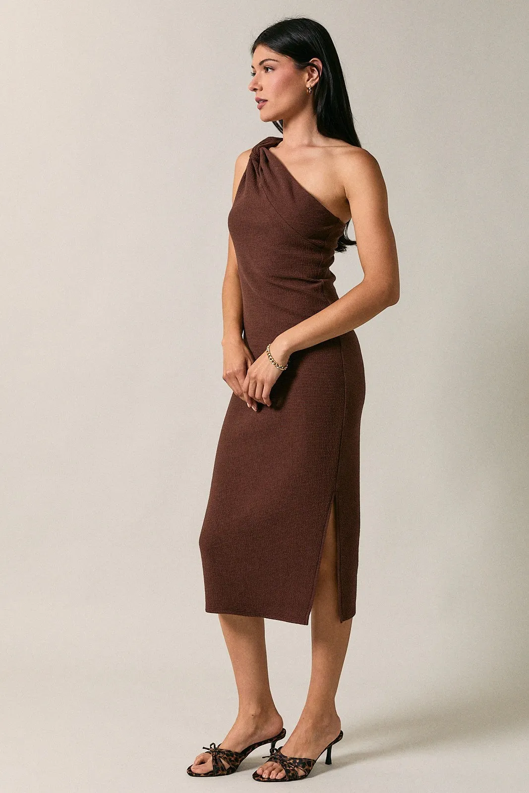 Brown One Shoulder Side Sit Midi Dress sold by Pinkblush product image thumbnail 2
