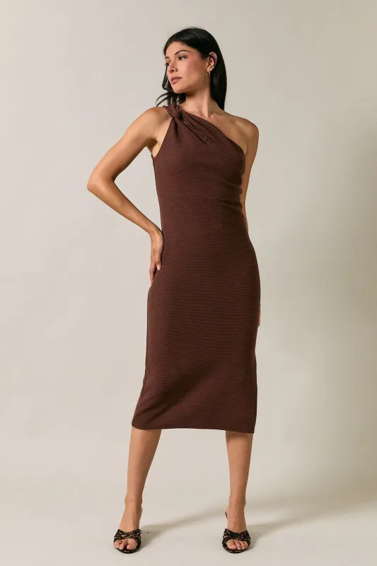 Brown One Shoulder Side Sit Midi Dress made by Gilli