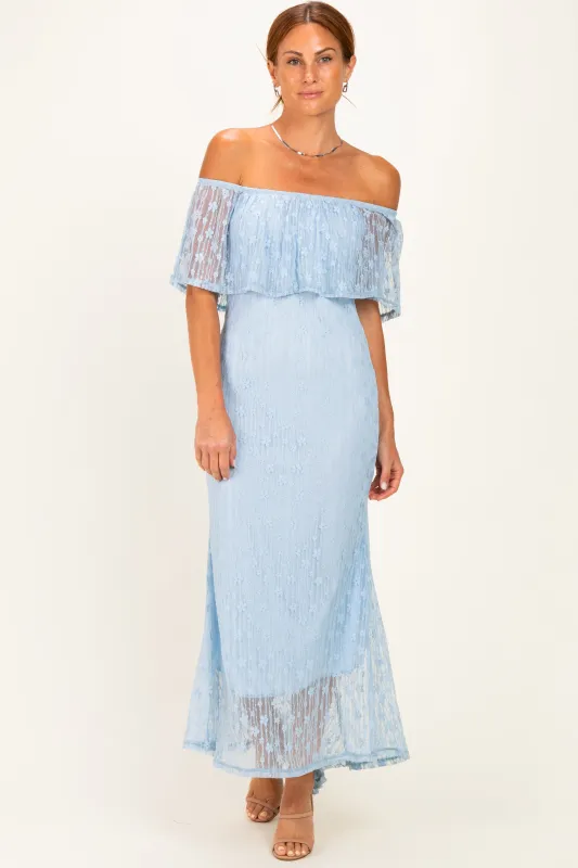 Light Blue Off Shoulder Lace Maxi Dress made by Pinkblush
