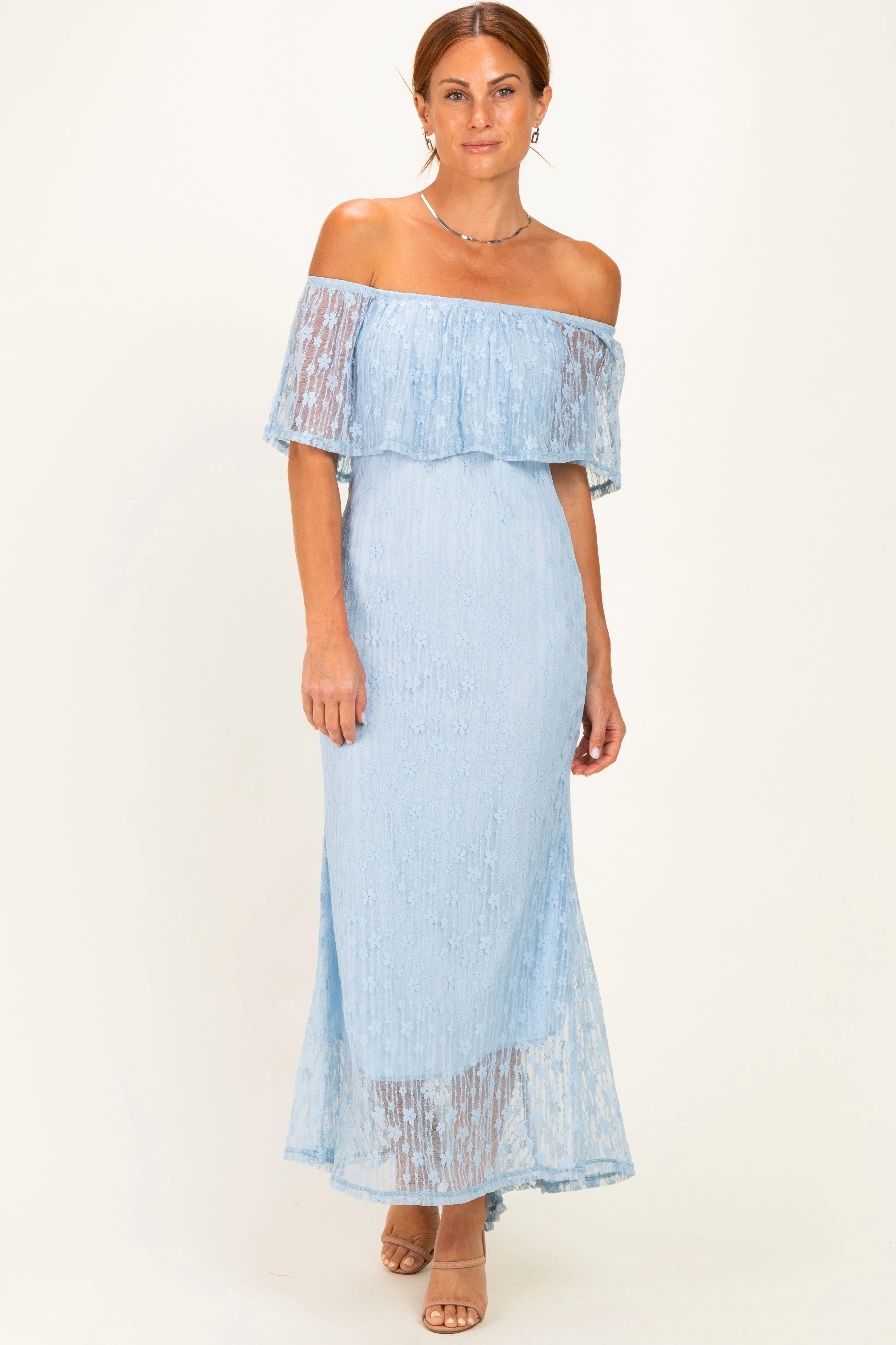 Light Blue Off Shoulder Lace Maxi Dress sold by Pinkblush