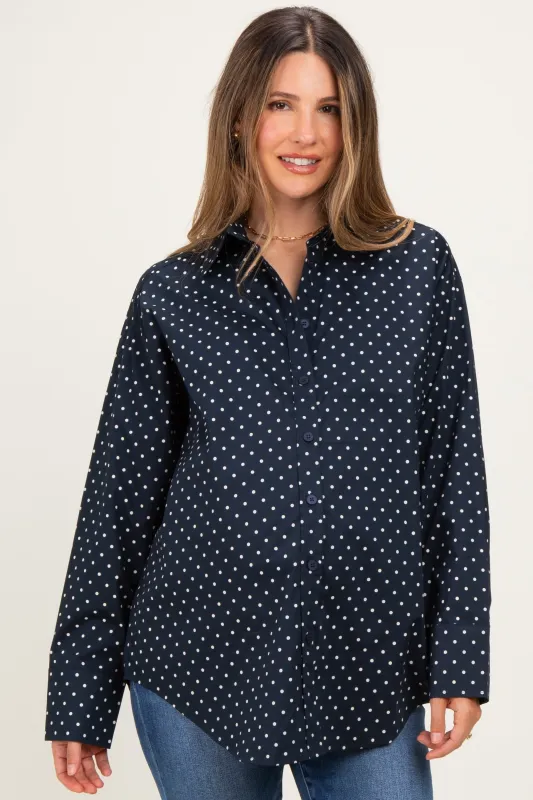 Navy Polka Dot Oversized Button Down Maternity Shirt made by Mimosa
