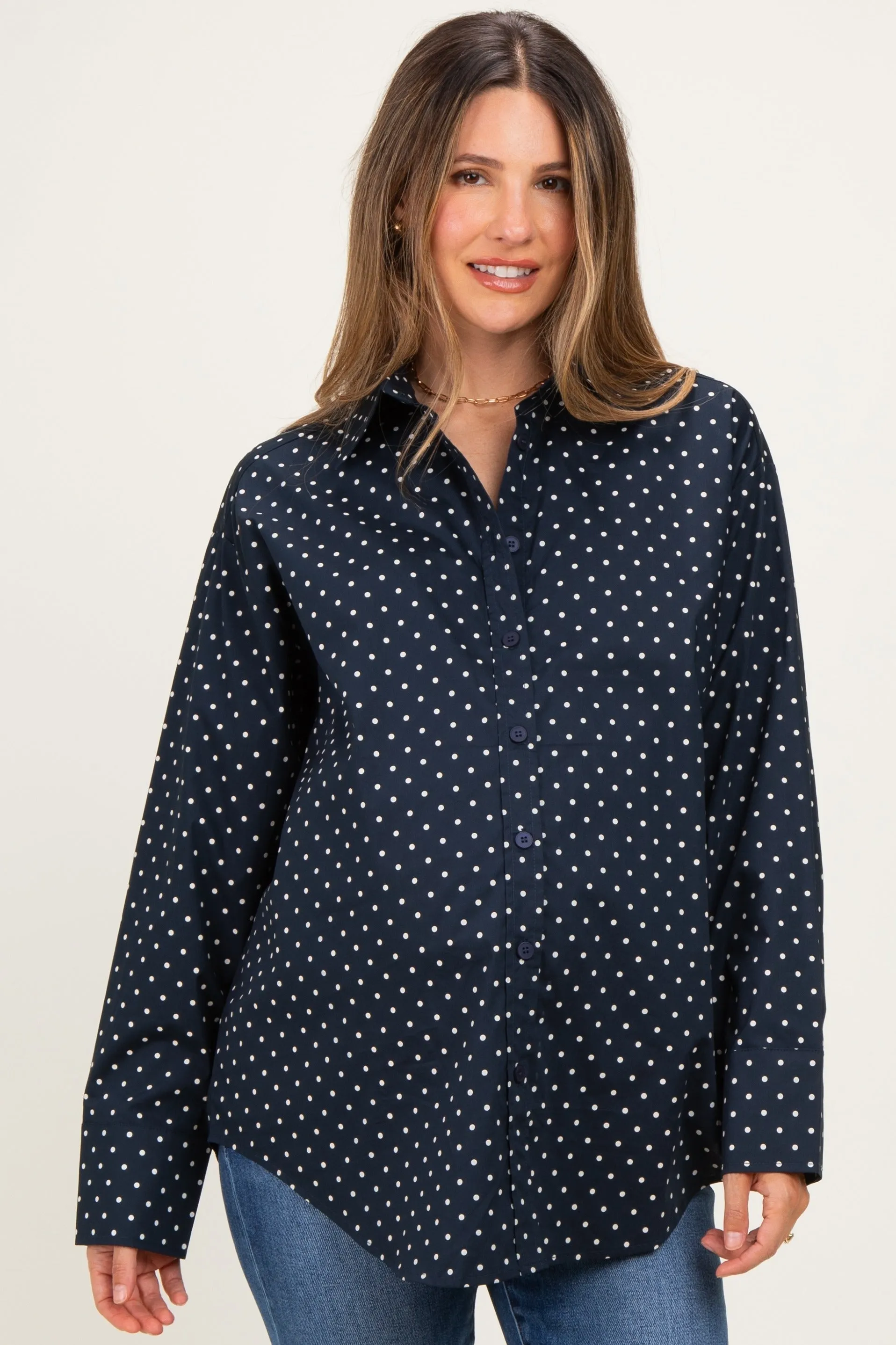 Navy Polka Dot Oversized Button Down Maternity Shirt sold by Pinkblush