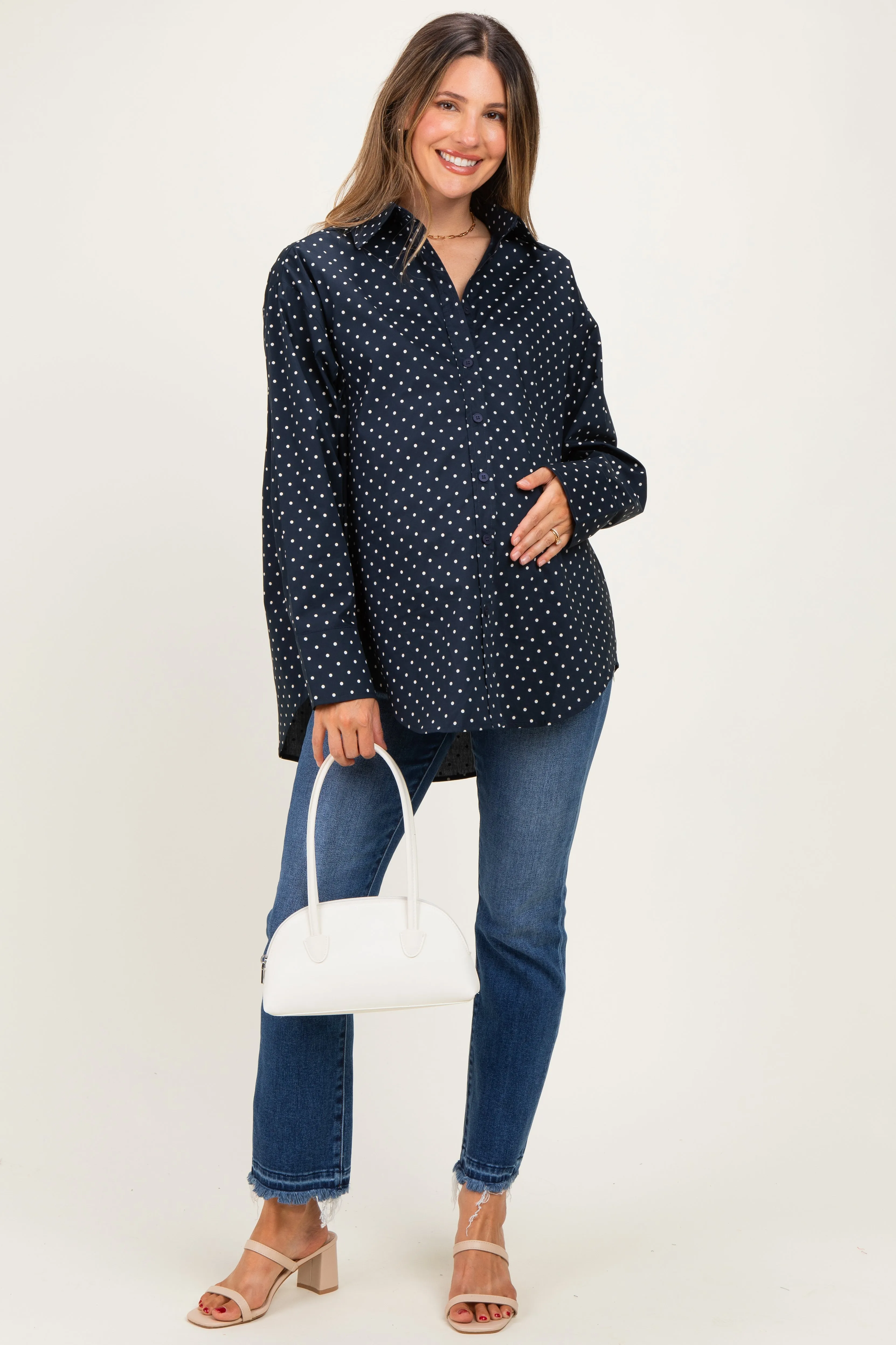 Navy Polka Dot Oversized Button Down Maternity Shirt sold by Pinkblush product image thumbnail 2