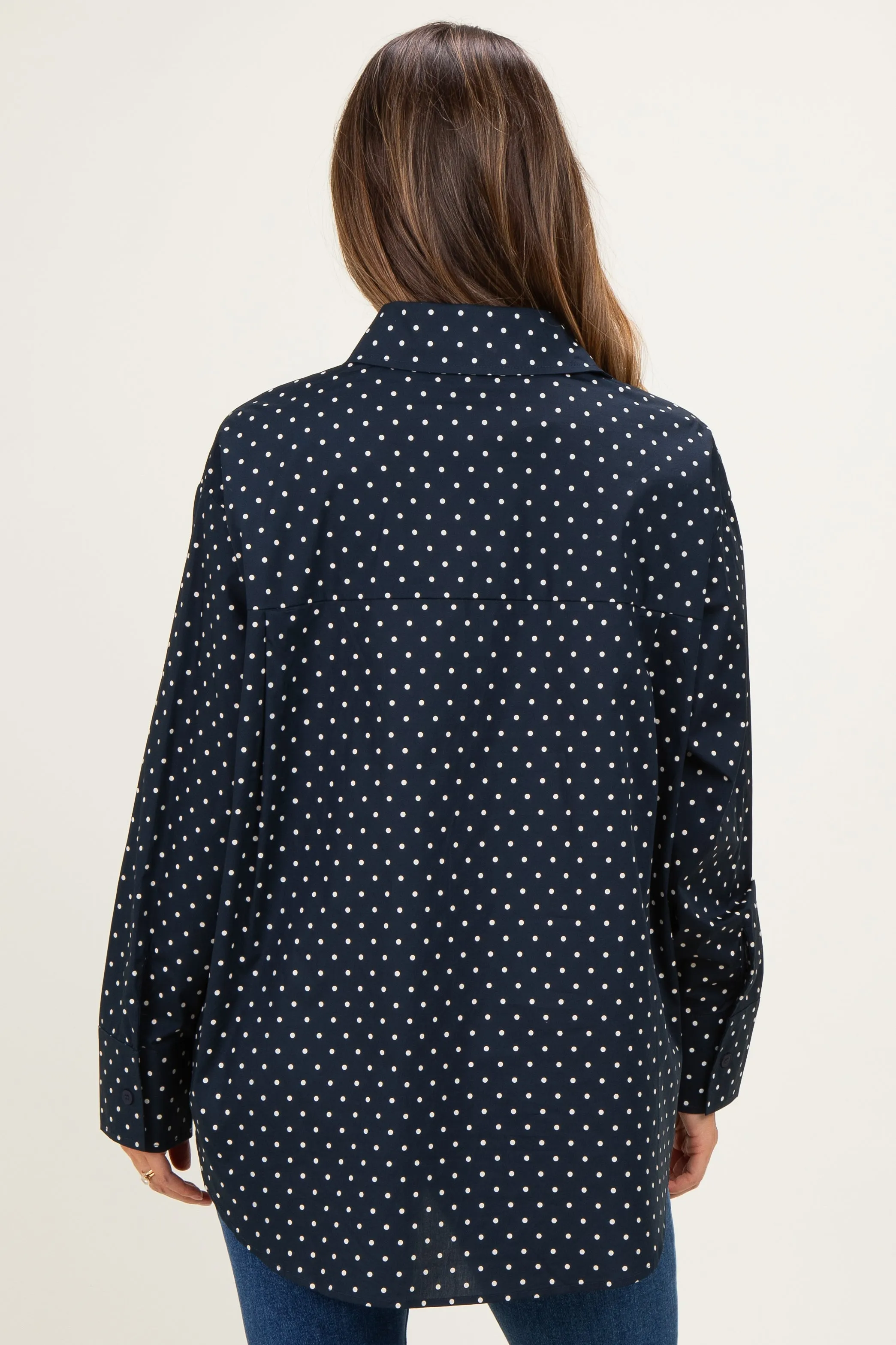 Navy Polka Dot Oversized Button Down Maternity Shirt sold by Pinkblush product image thumbnail 3