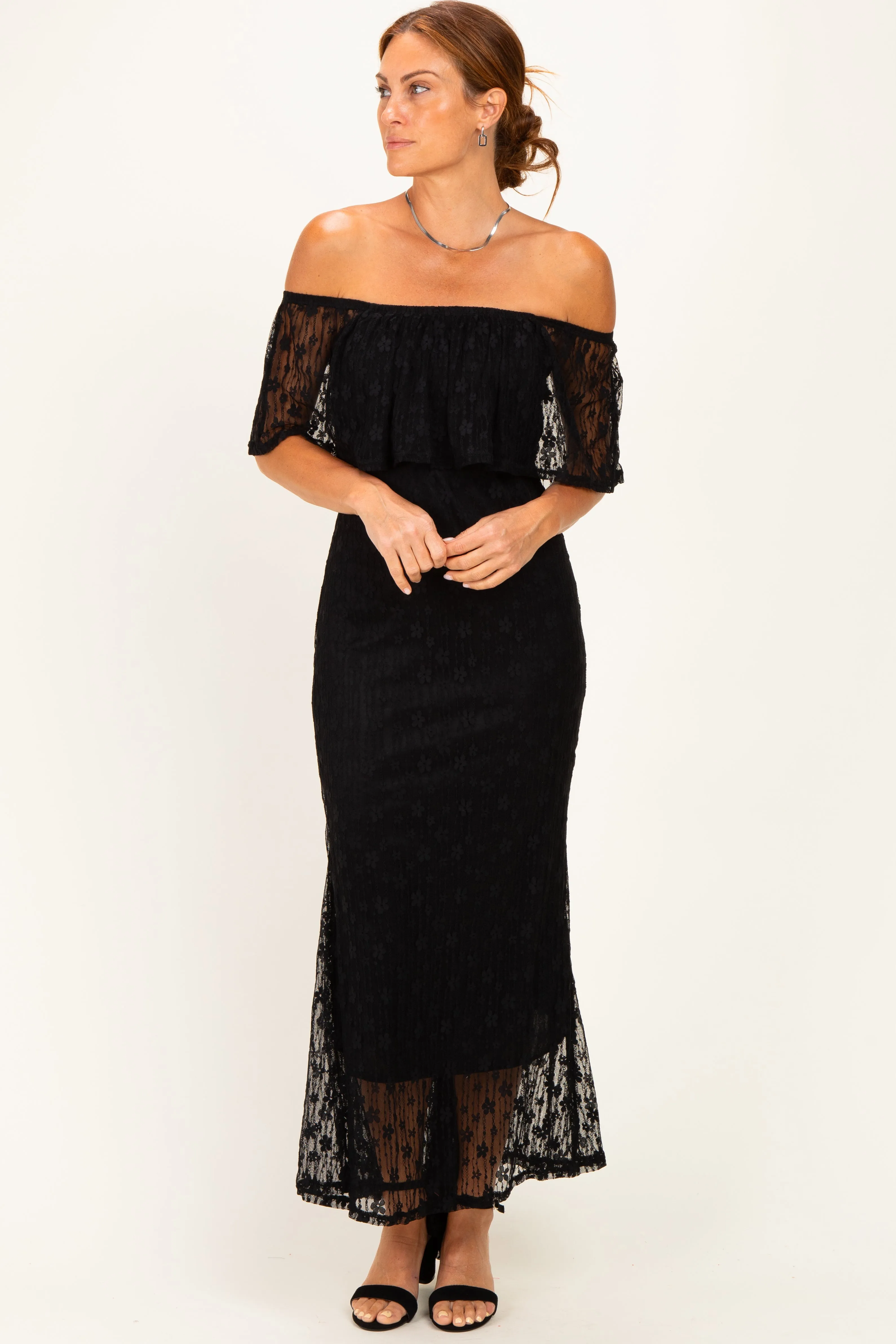Black Off Shoulder Lace Maxi Dress sold by Pinkblush product image thumbnail 2