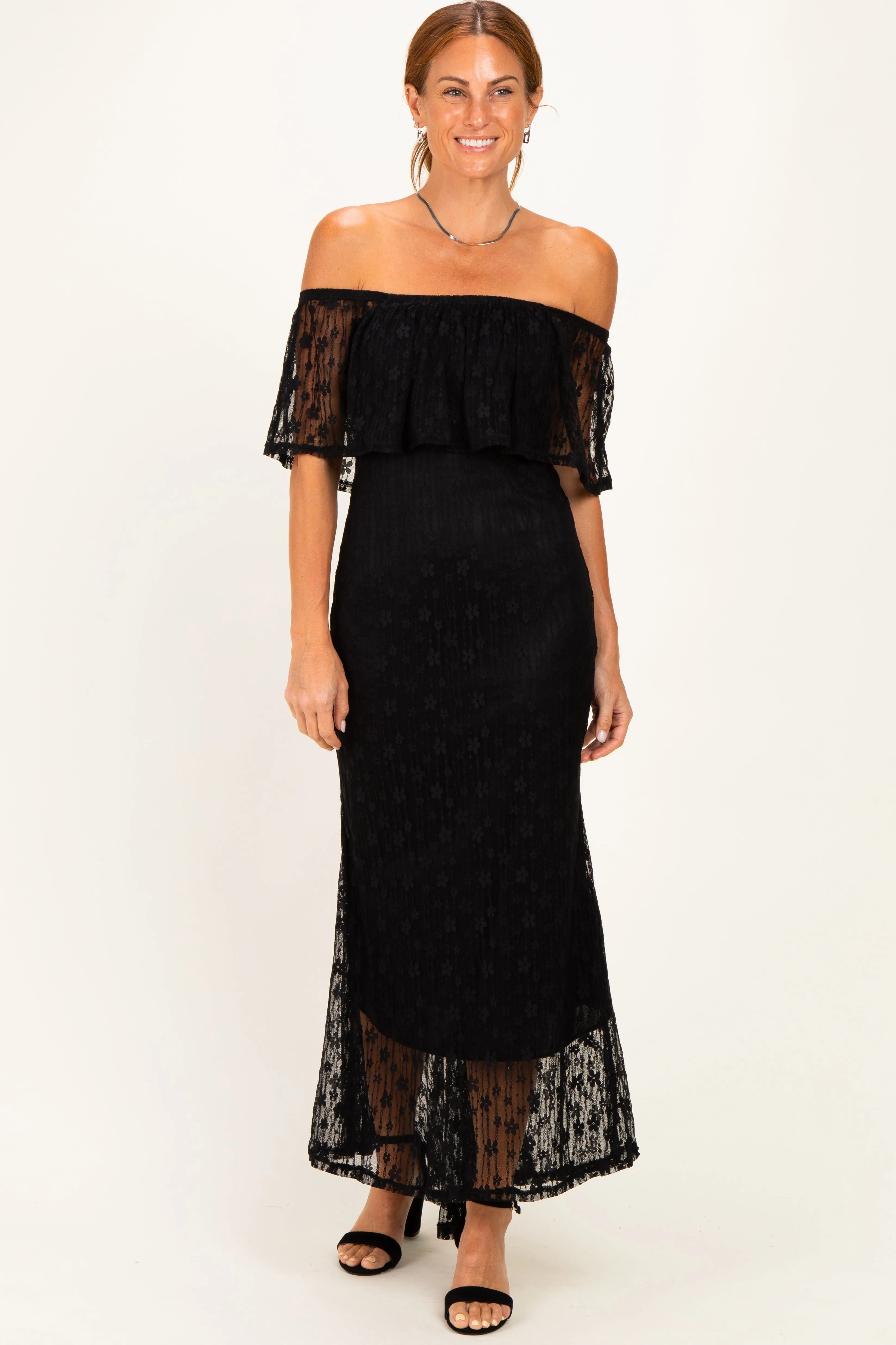 Black Off Shoulder Lace Maxi Dress sold by Pinkblush