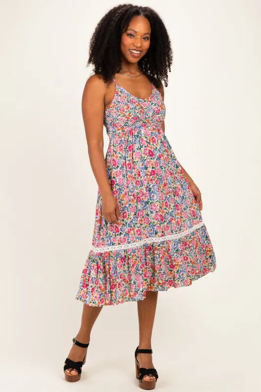Ivory Floral Lace Up Cutout Midi Dress made by Angie
