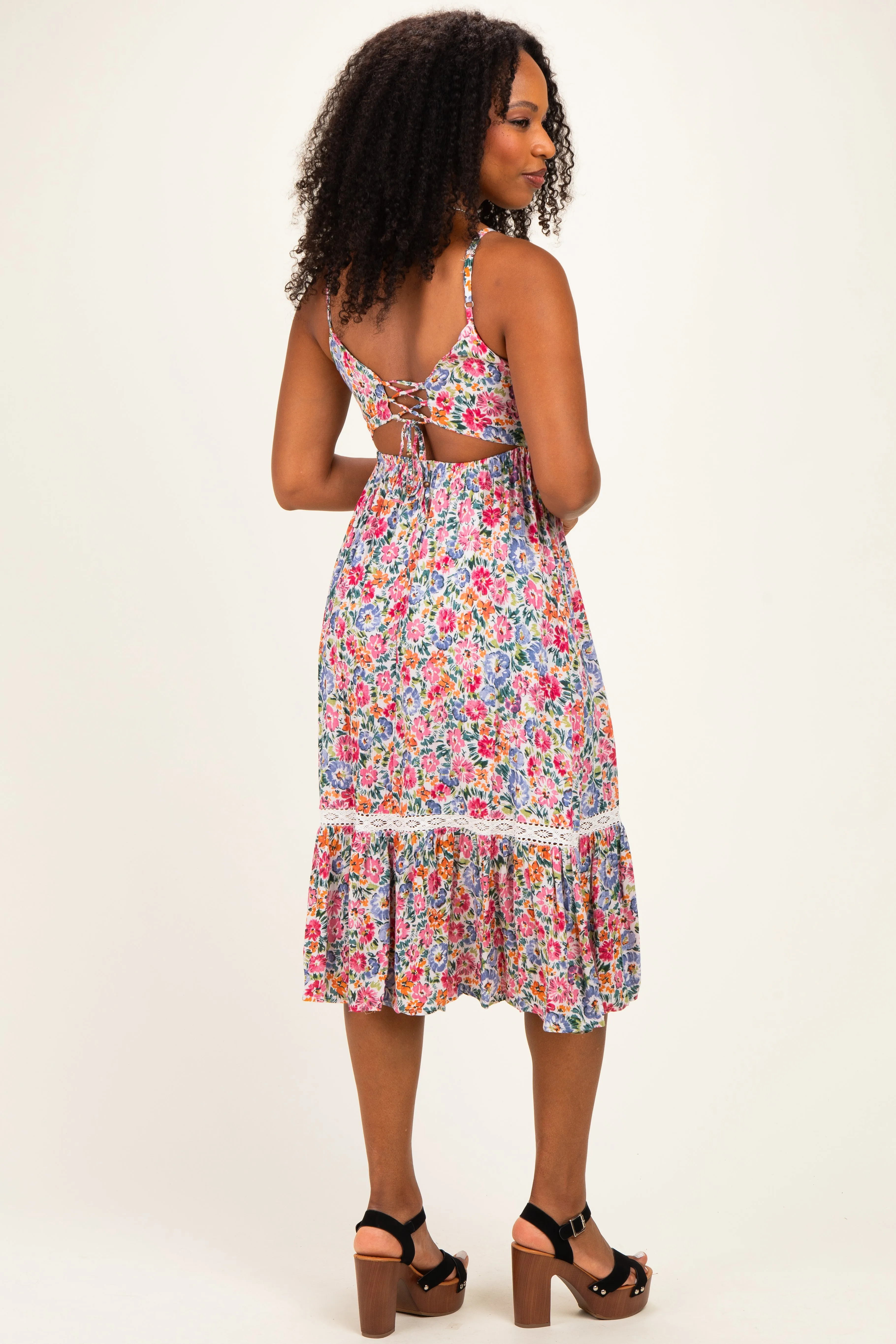 Ivory Floral Lace Up Cutout Midi Dress sold by Pinkblush product image thumbnail 4