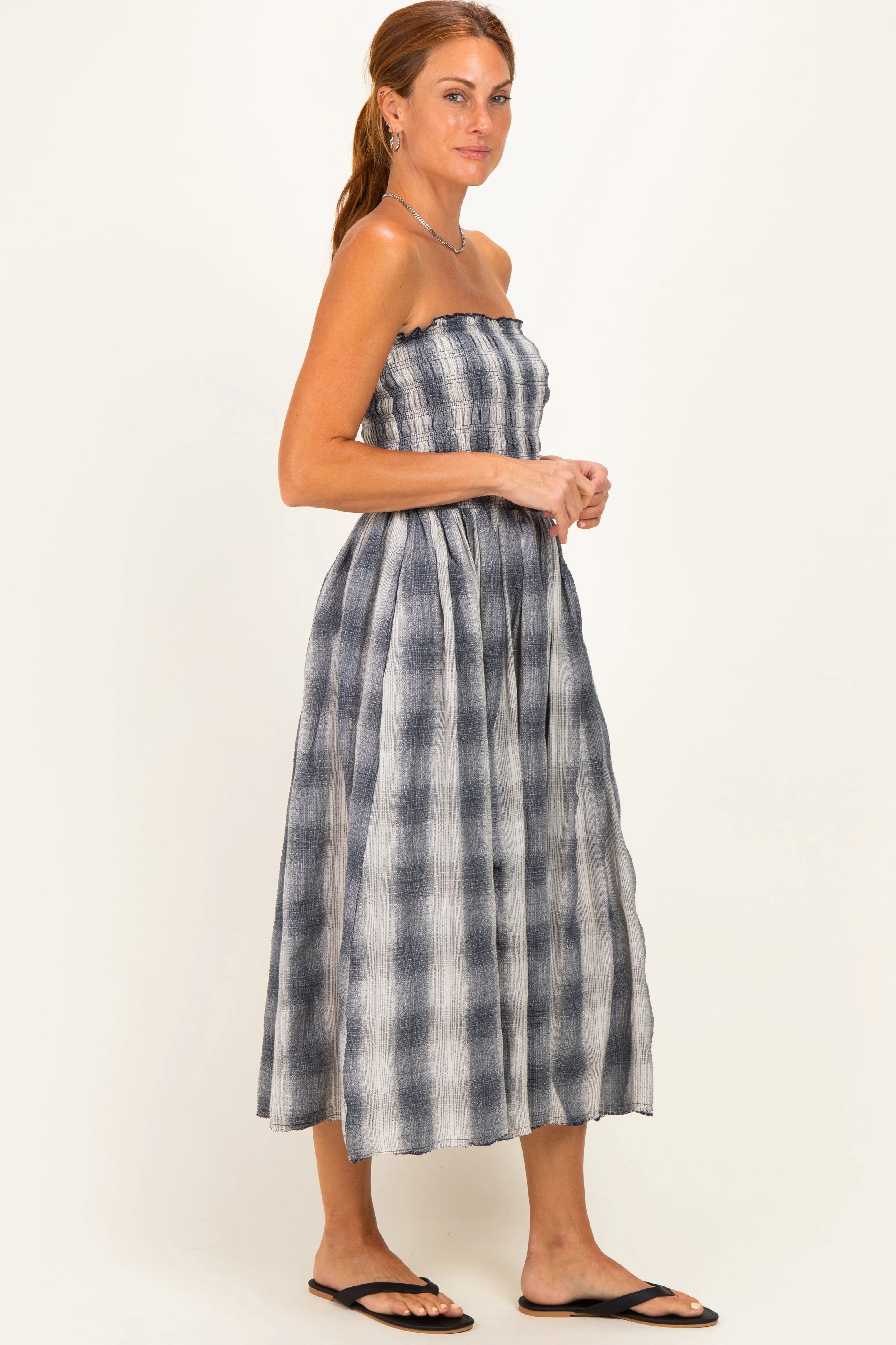 Black Plaid Smocked Strapless Midi Dress sold by Pinkblush product image thumbnail 3