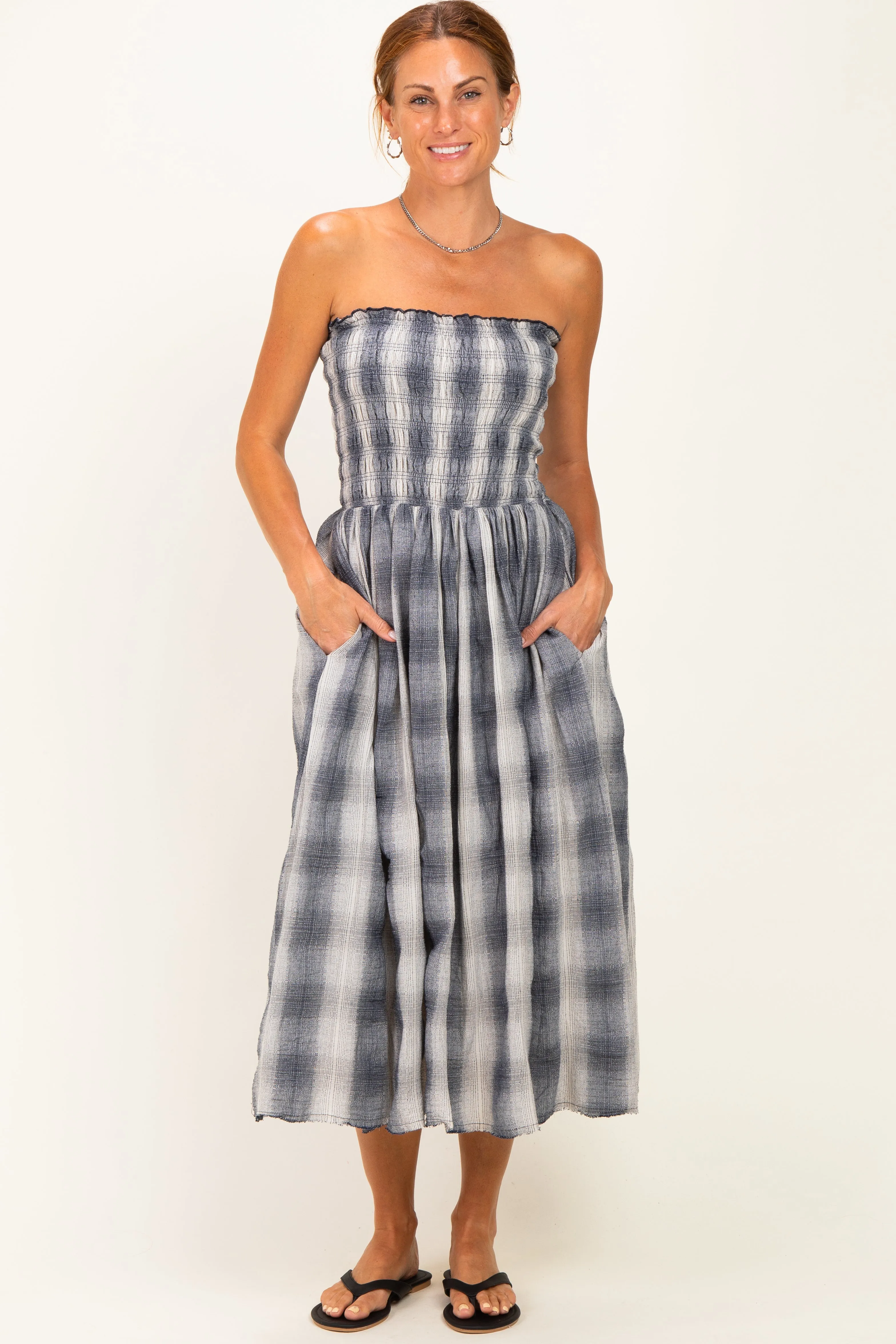Black Plaid Smocked Strapless Midi Dress sold by Pinkblush