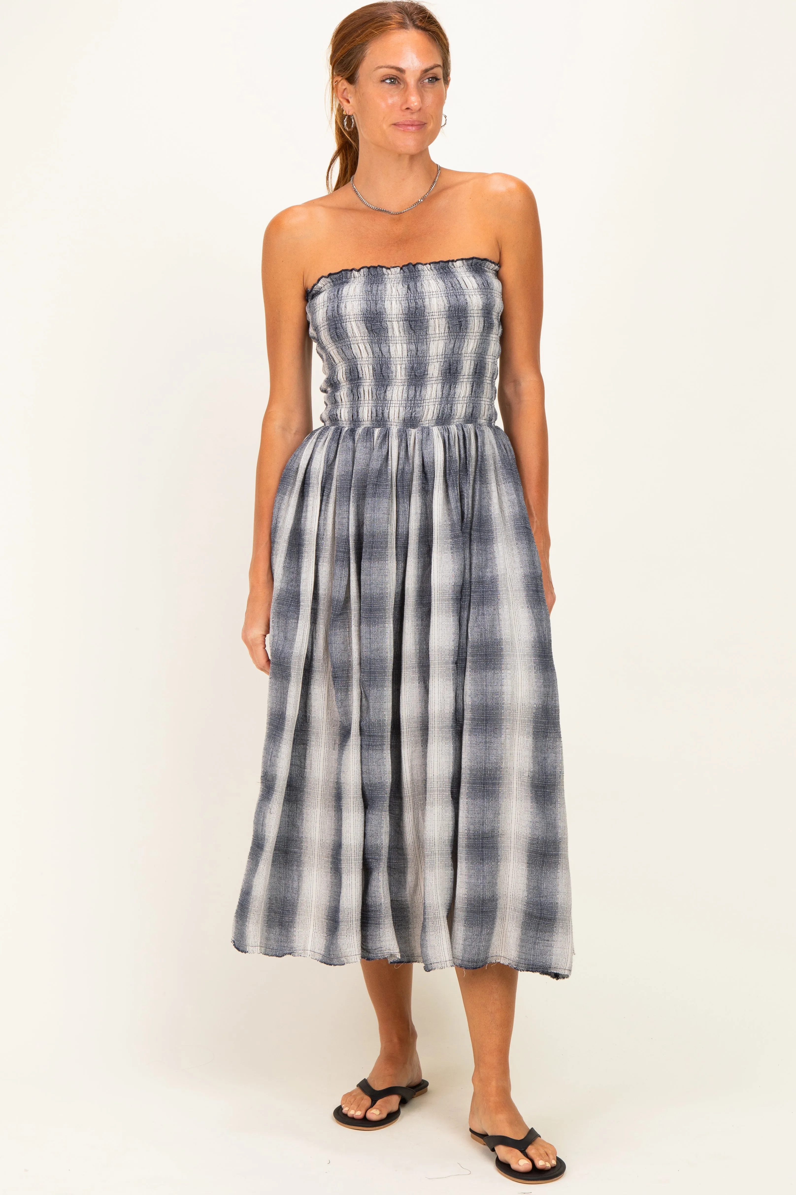 Black Plaid Smocked Strapless Midi Dress sold by Pinkblush product image thumbnail 2