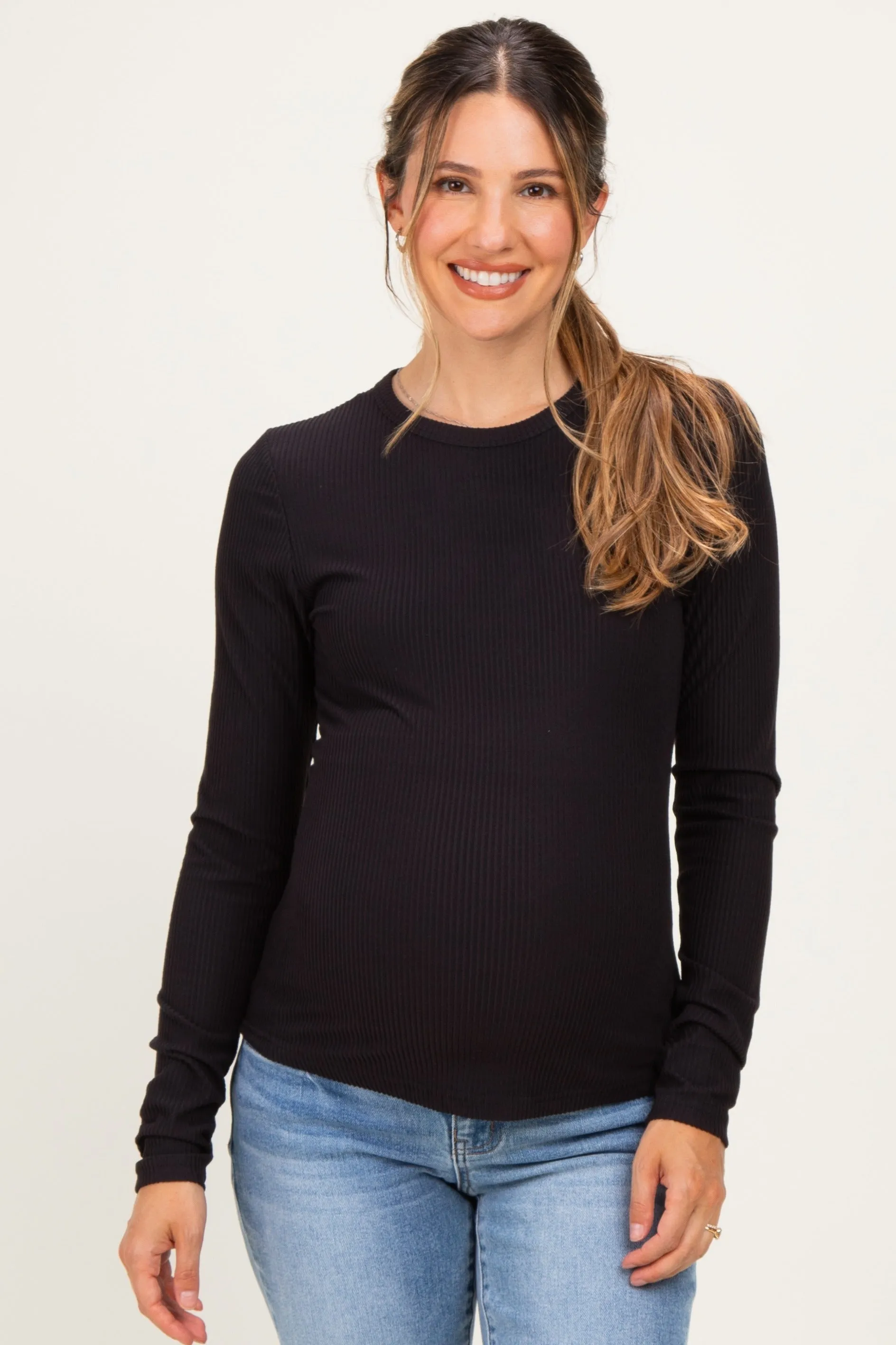 Black Brushed Rib Knit Maternity Long Sleeve Top sold by Pinkblush