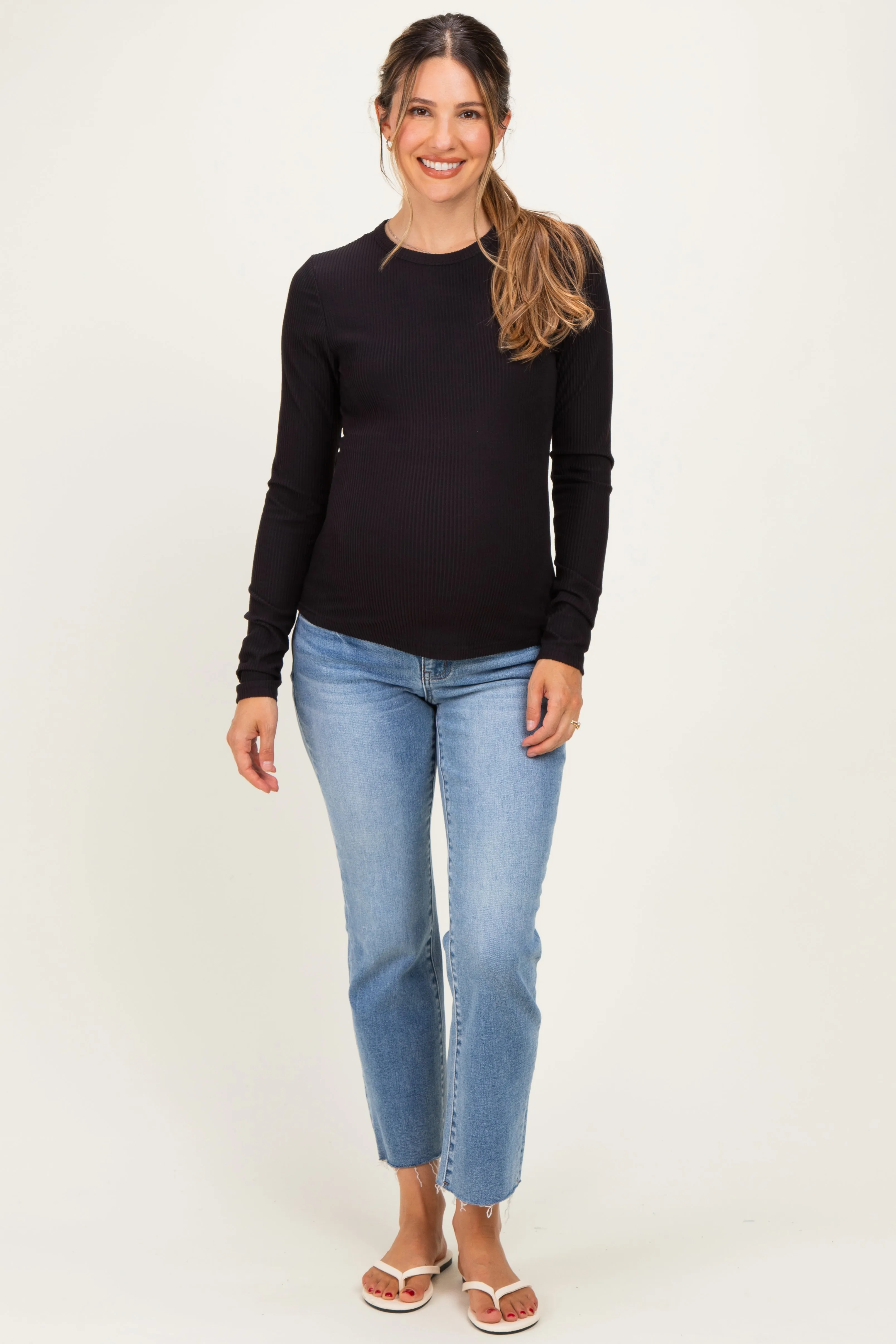 Black Brushed Rib Knit Maternity Long Sleeve Top sold by Pinkblush product image thumbnail 2
