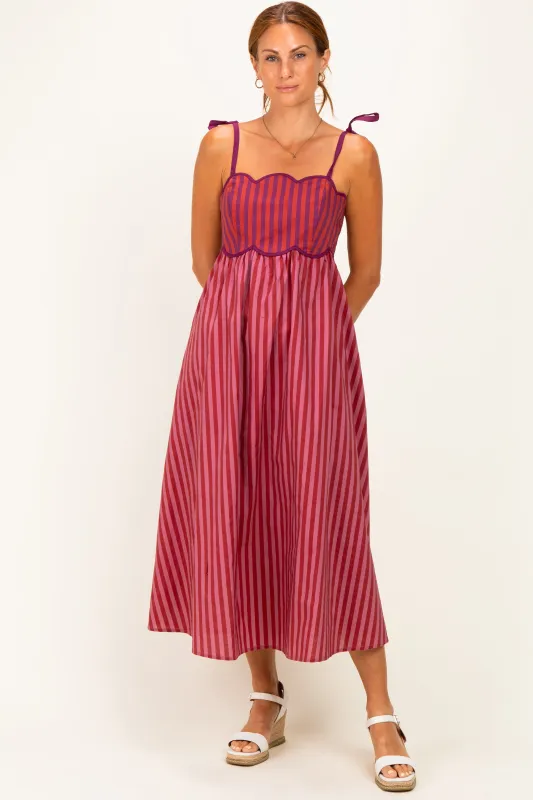 Mauve Striped Colorblock Scallop Detail Midi Dress made by entro