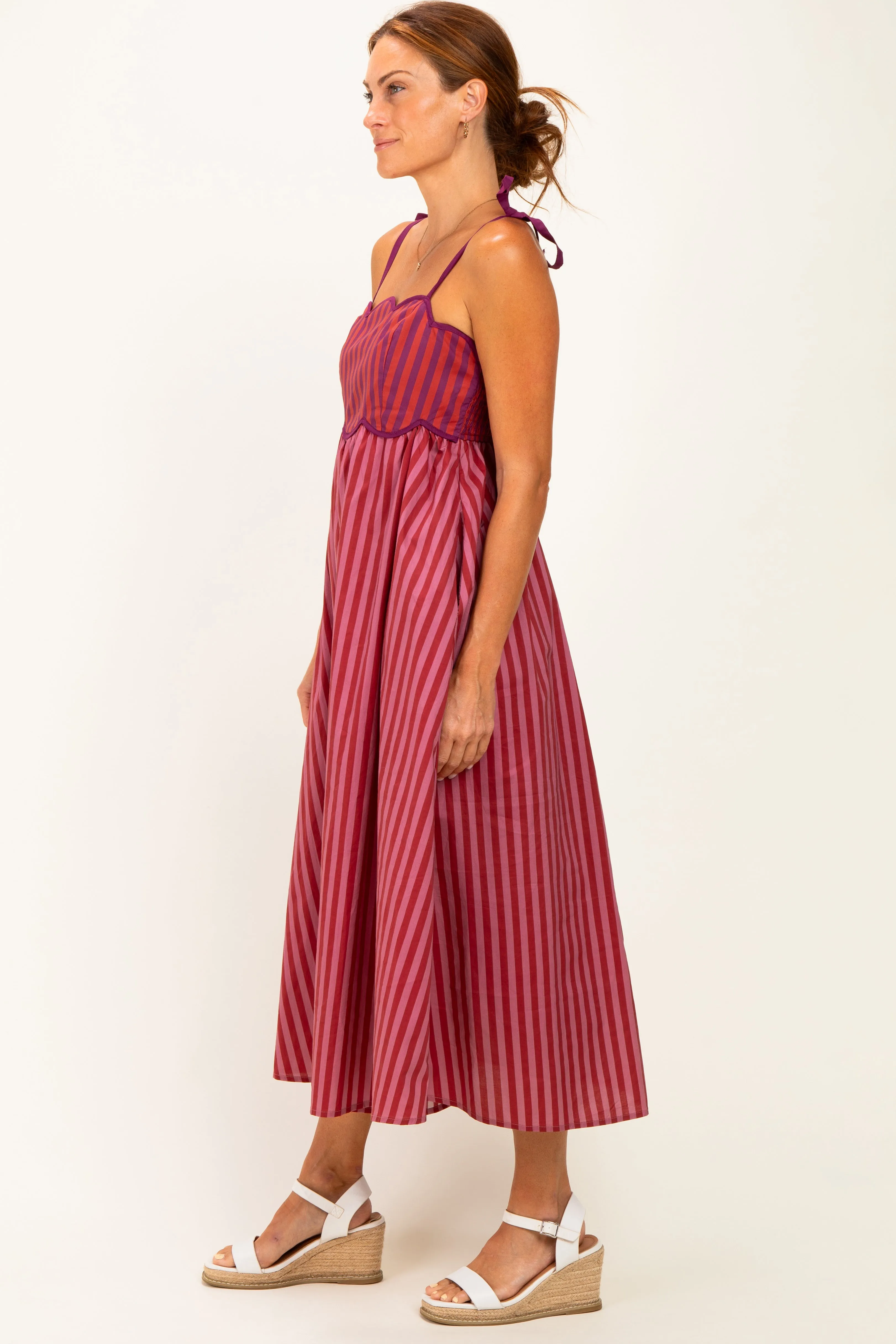 Mauve Striped Colorblock Scallop Detail Midi Dress sold by Pinkblush product image thumbnail 2