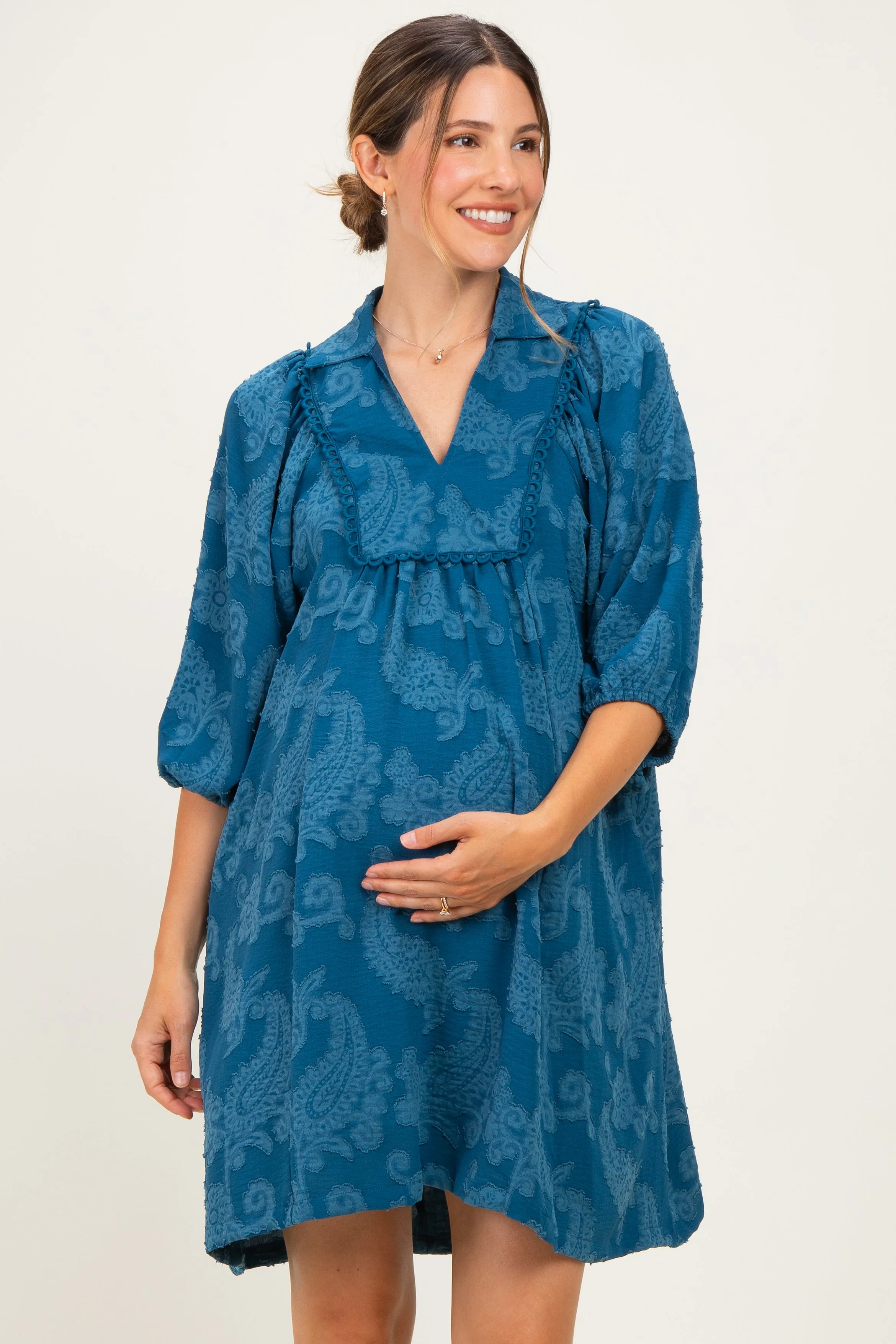 Blue Paisley Puff Sleeve Maternity Dress sold by Pinkblush product image thumbnail 2