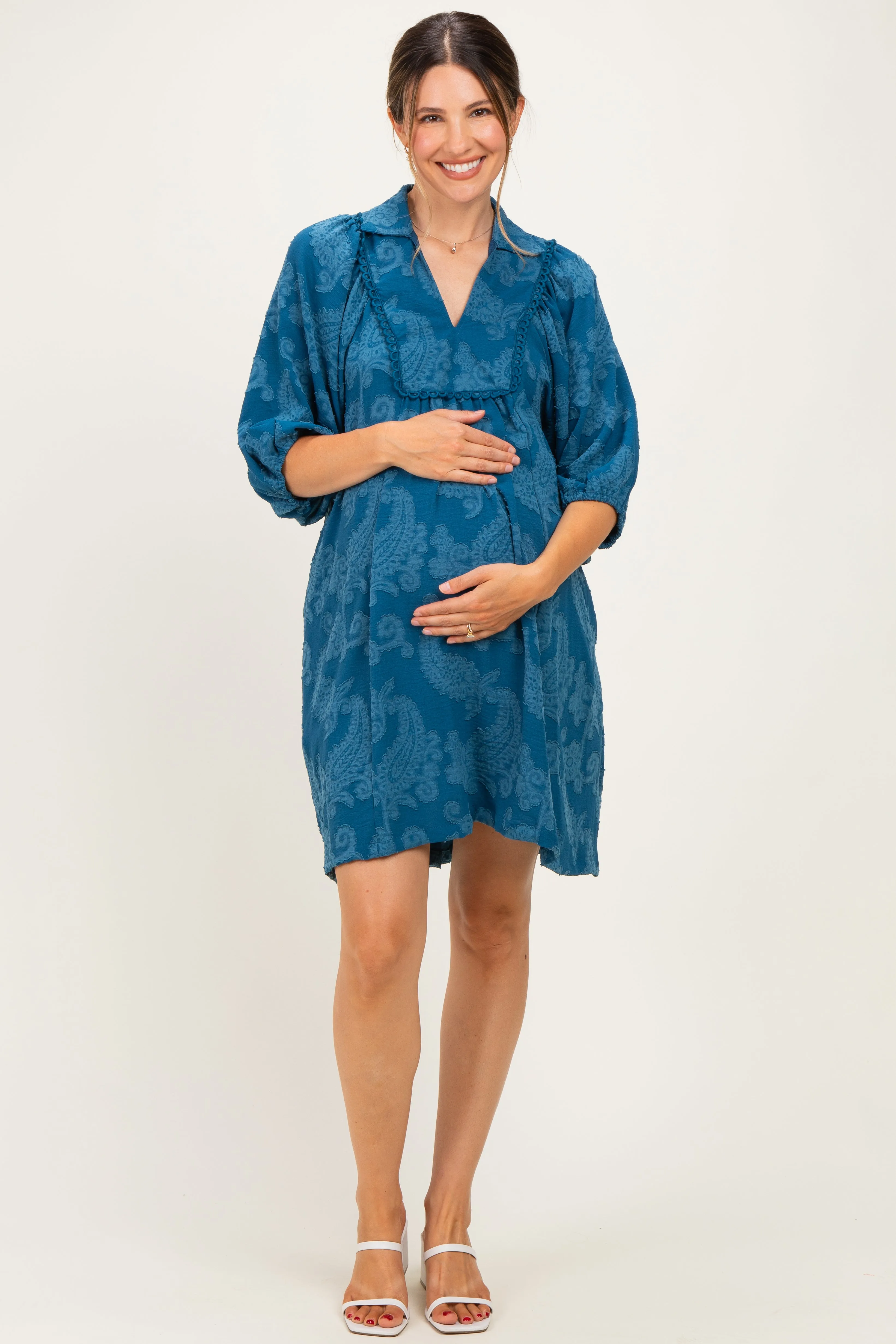 Blue Paisley Puff Sleeve Maternity Dress sold by Pinkblush product image thumbnail 3