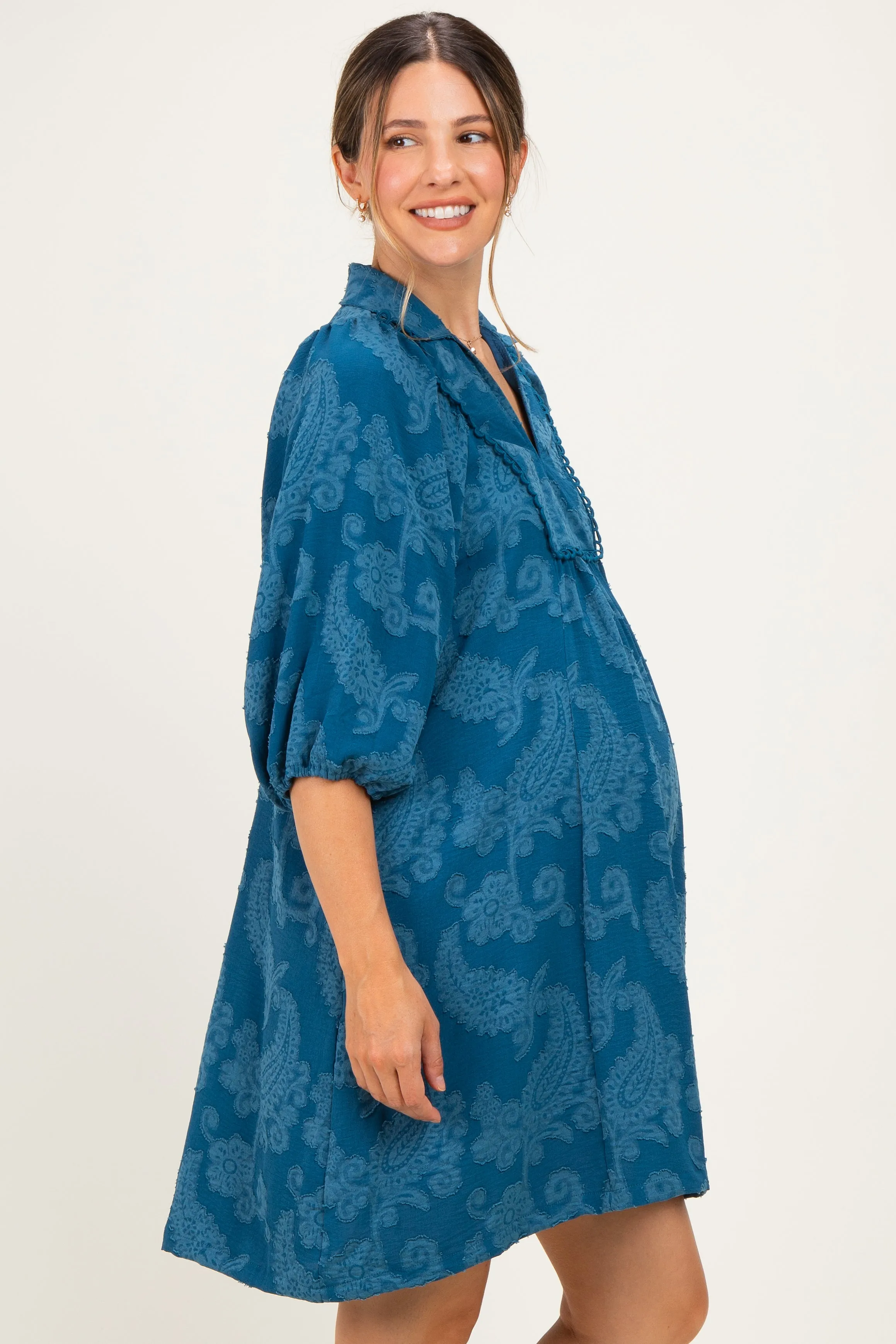 Blue Paisley Puff Sleeve Maternity Dress sold by Pinkblush product image thumbnail 4