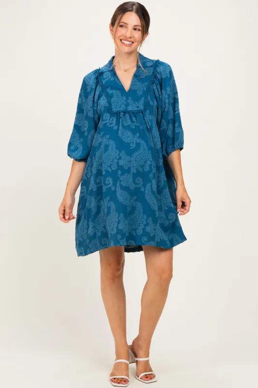 Blue Paisley Puff Sleeve Maternity Dress made by Umgee