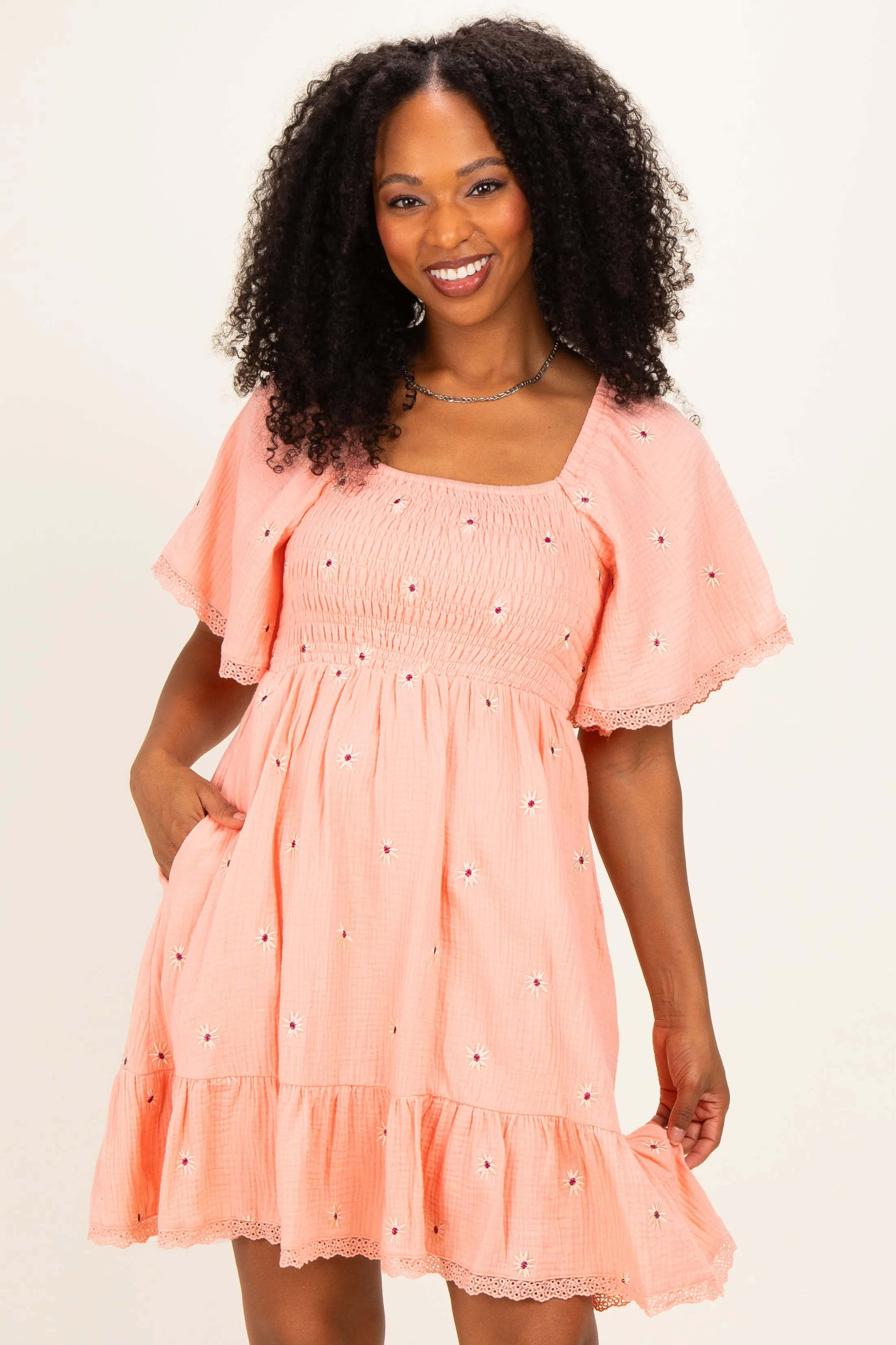 Pink Floral Embroidered Smocked Dress sold by Pinkblush