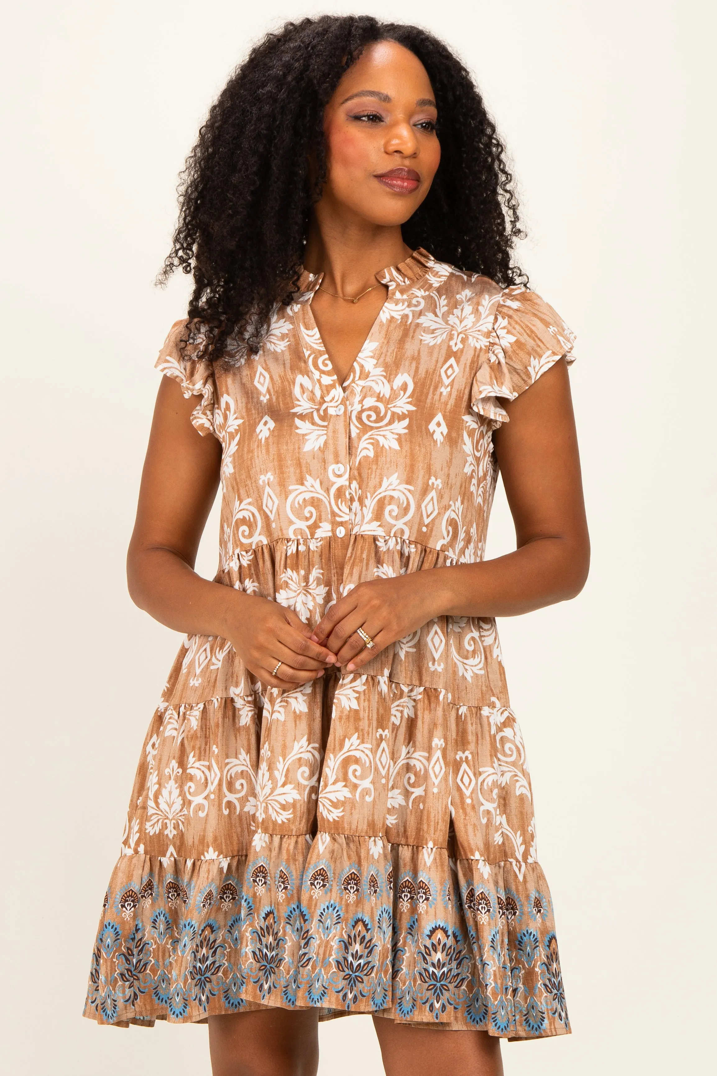 Mocha V Neck Flutter Sleeve Border Print Mini Tiered Dress sold by Pinkblush product image thumbnail 2