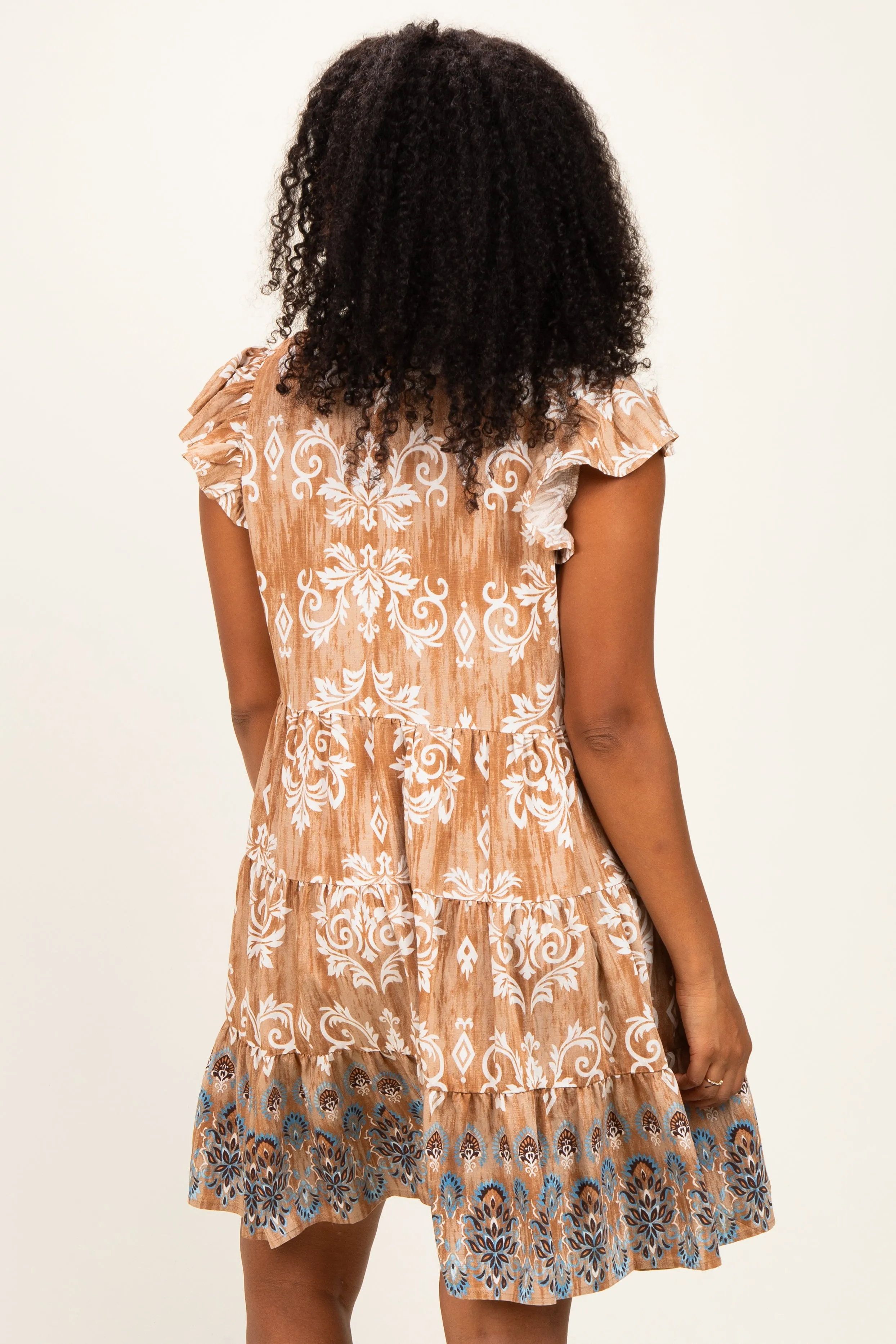 Mocha V Neck Flutter Sleeve Border Print Mini Tiered Dress sold by Pinkblush product image thumbnail 4