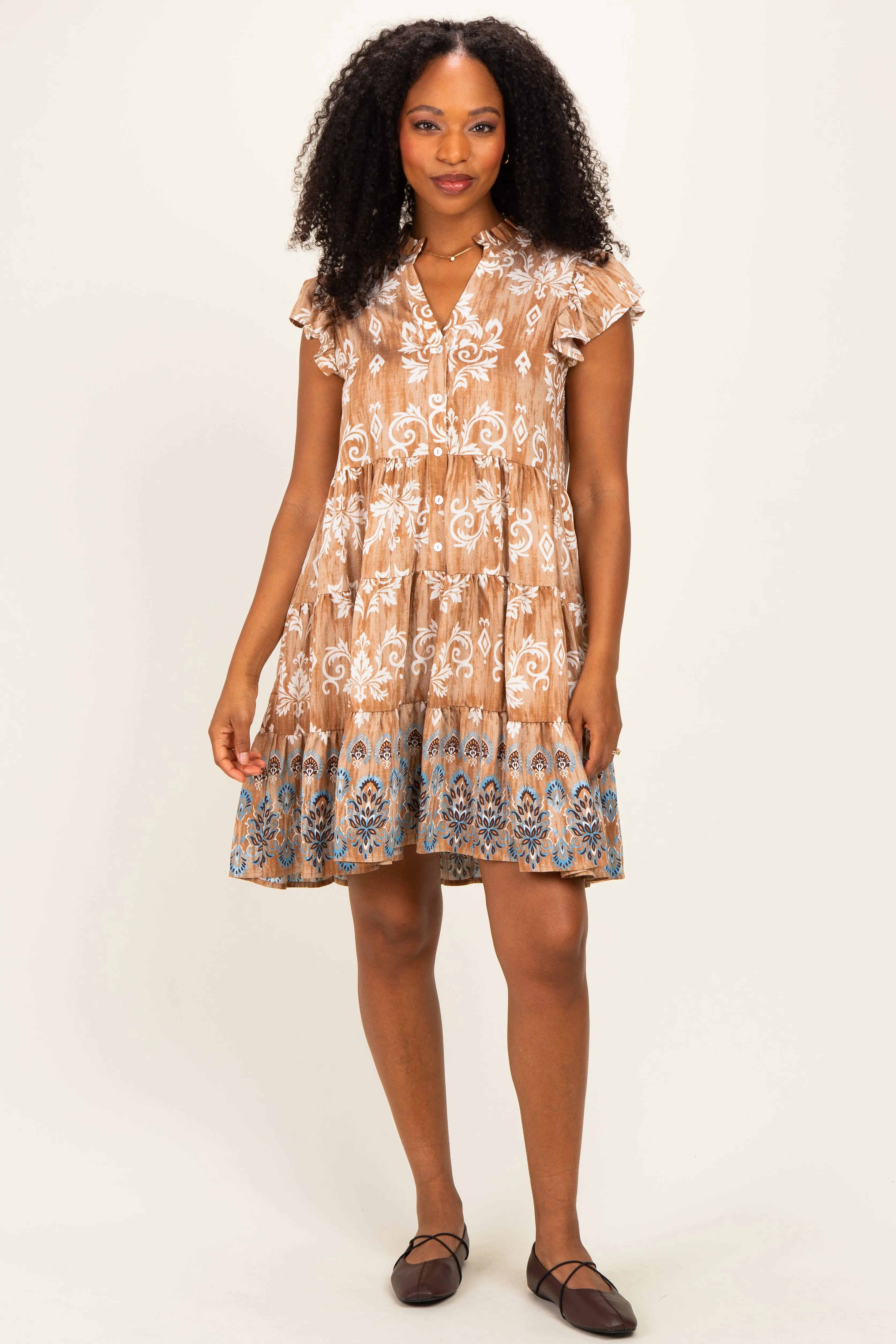 Mocha V Neck Flutter Sleeve Border Print Mini Tiered Dress sold by Pinkblush