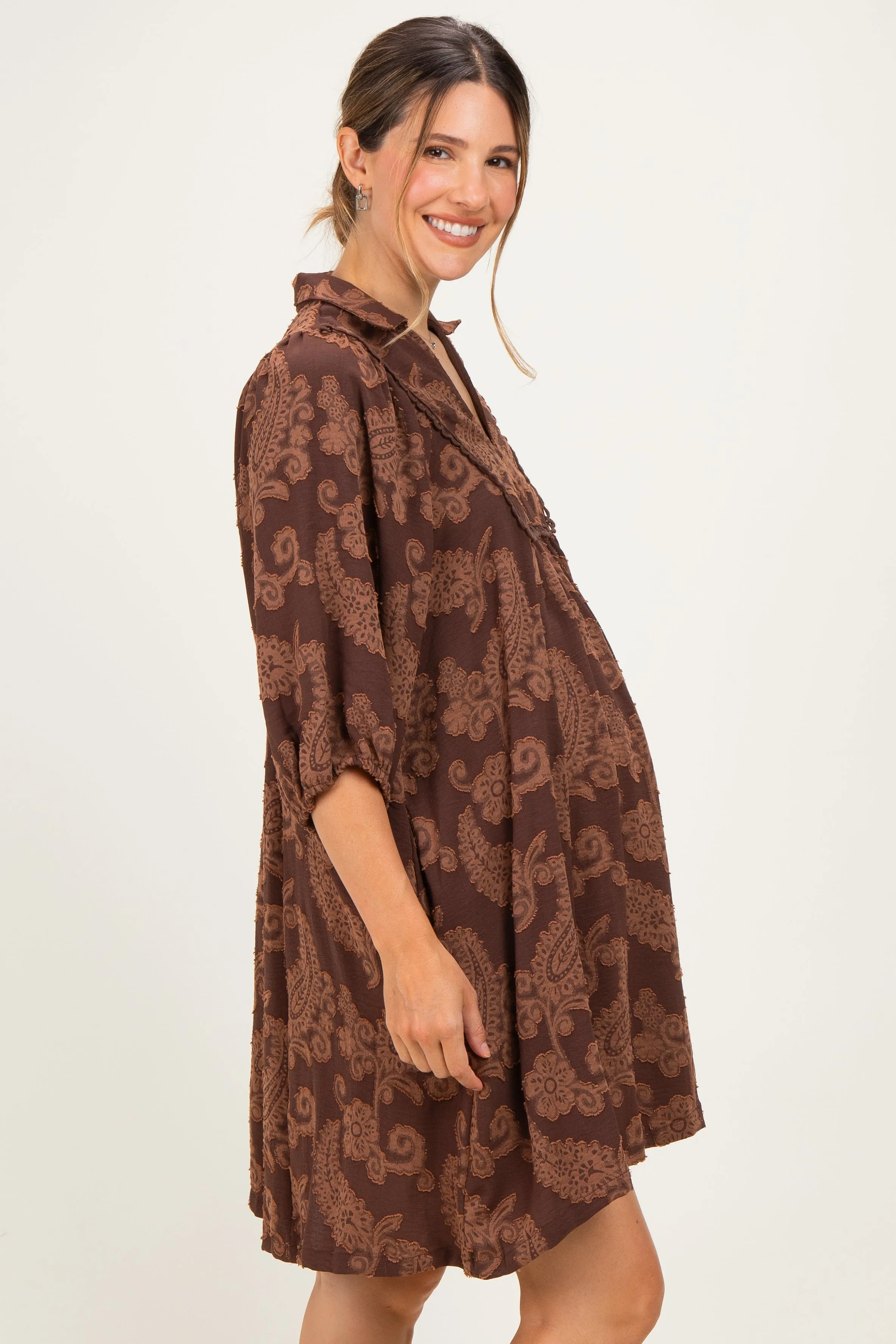 Brown Paisley Puff Sleeve Maternity Dress sold by Pinkblush product image thumbnail 3