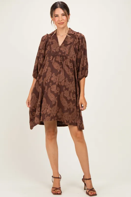 Brown Paisley Puff Sleeve Maternity Dress made by Umgee