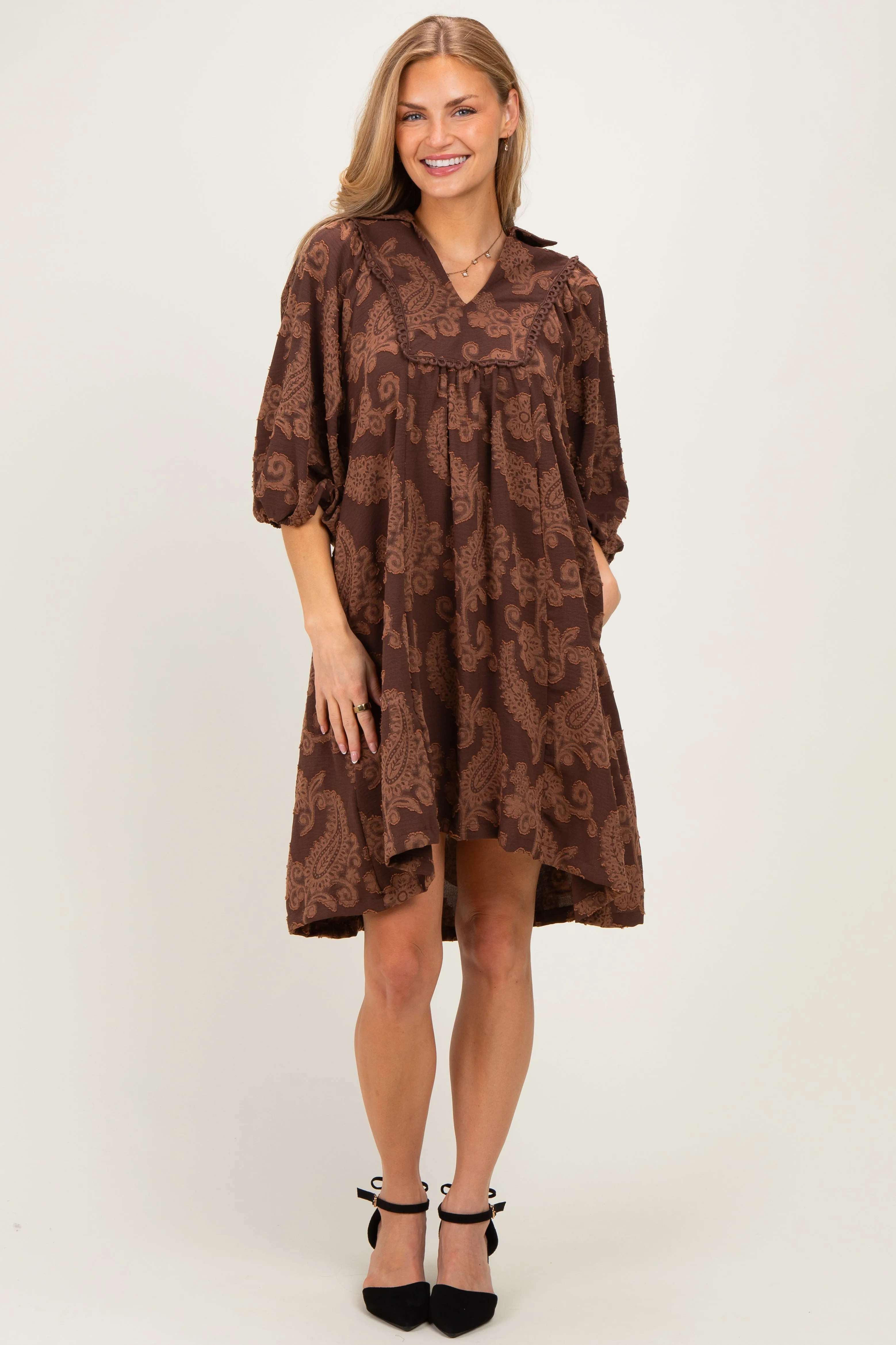 Brown Paisley Puff Sleeve Maternity Dress sold by Pinkblush product image thumbnail 5