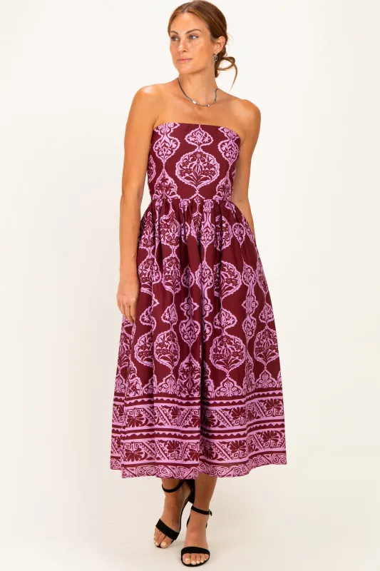 Burgundy Damask Strapless Midi Dress made by entro