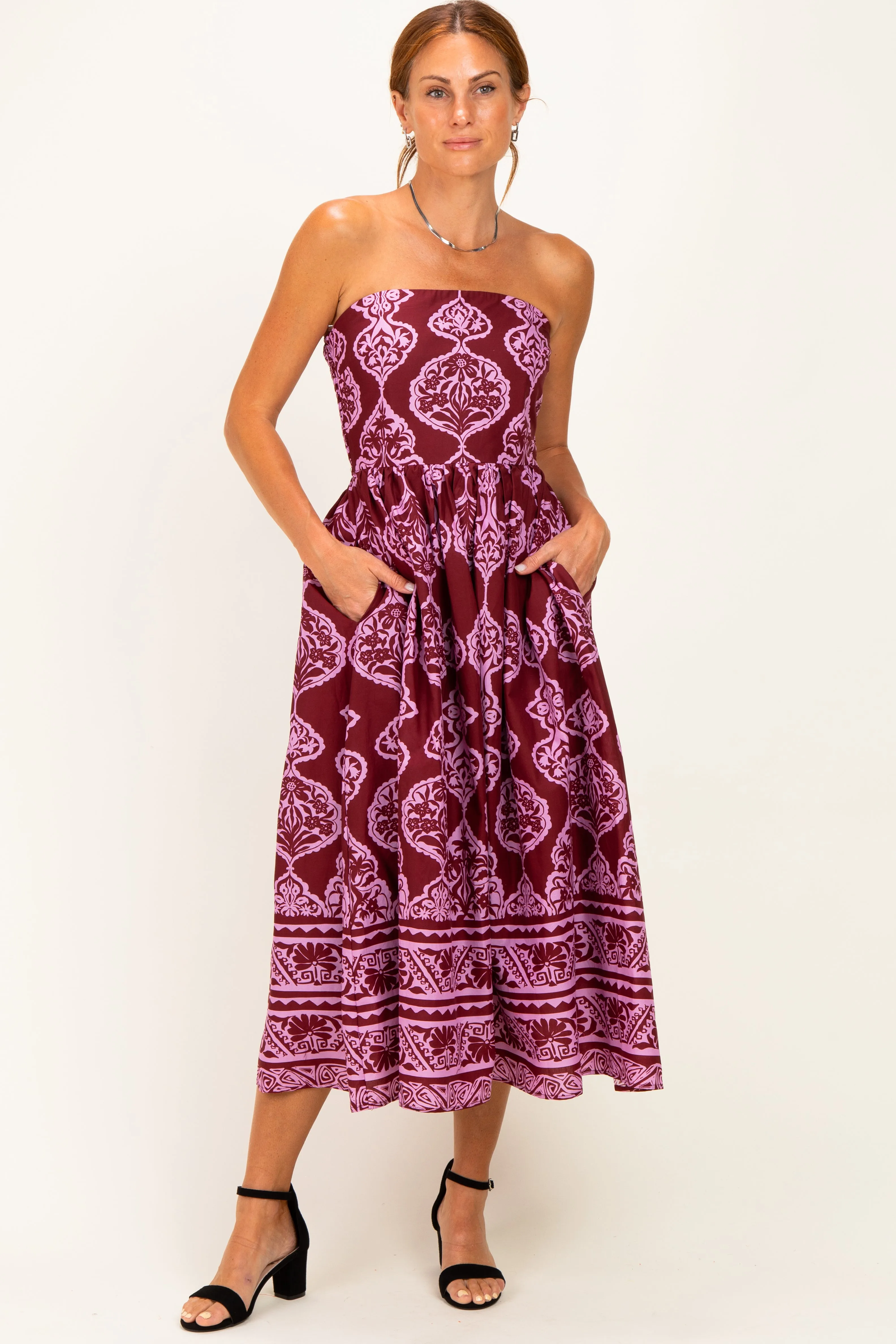 Burgundy Damask Strapless Midi Dress sold by Pinkblush product image thumbnail 2