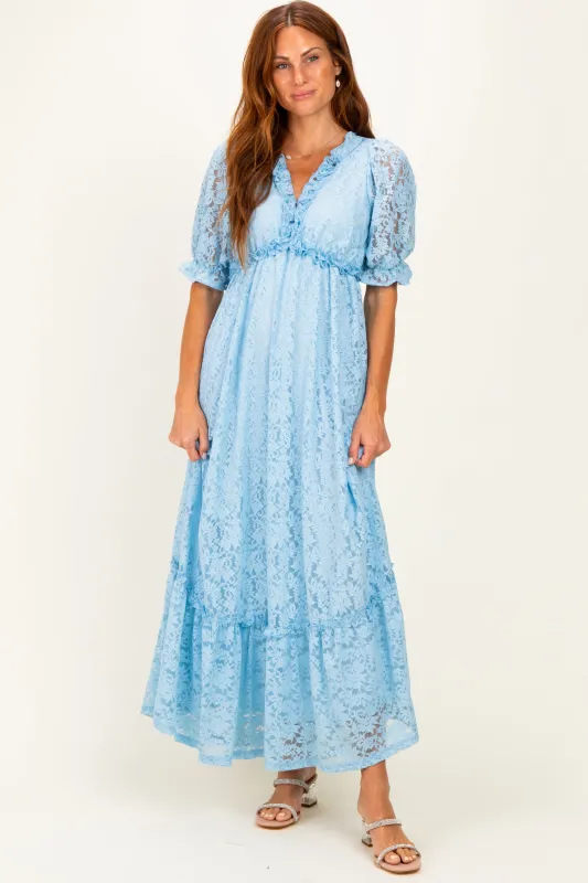 Blue Floral Lace V-Neck Maxi Dress made by Pinkblush