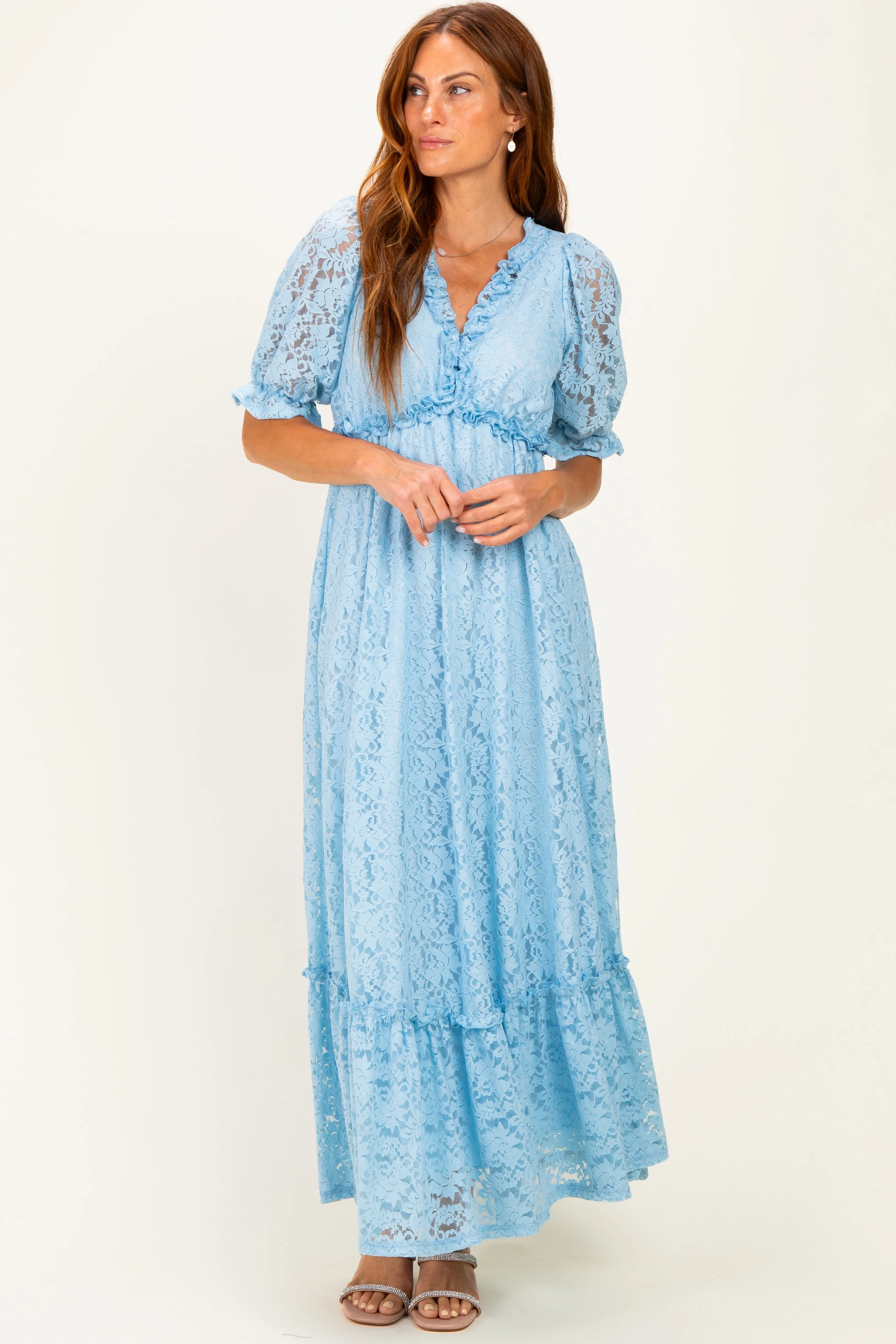 Blue Floral Lace V-Neck Maxi Dress sold by Pinkblush product image thumbnail 2