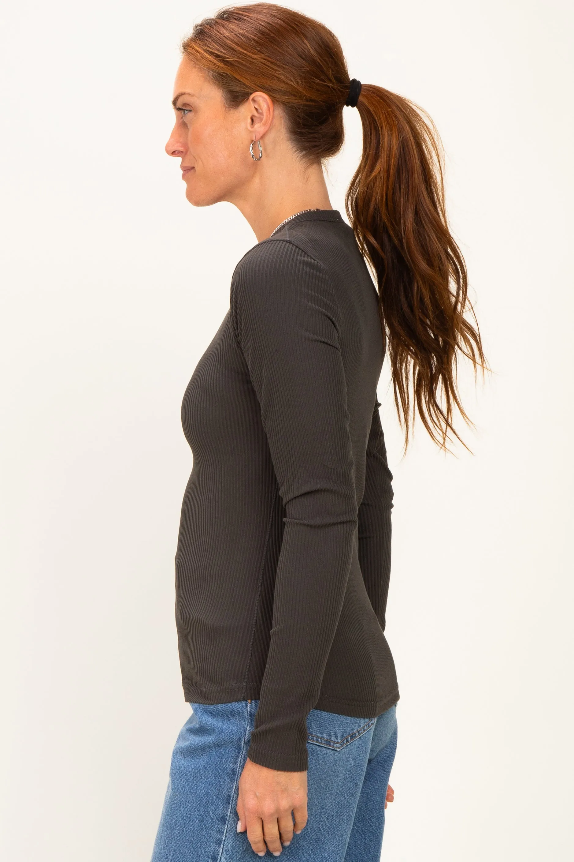 Charcoal Smoke Brushed Rib Knit Long Sleeve Top sold by Pinkblush product image thumbnail 3