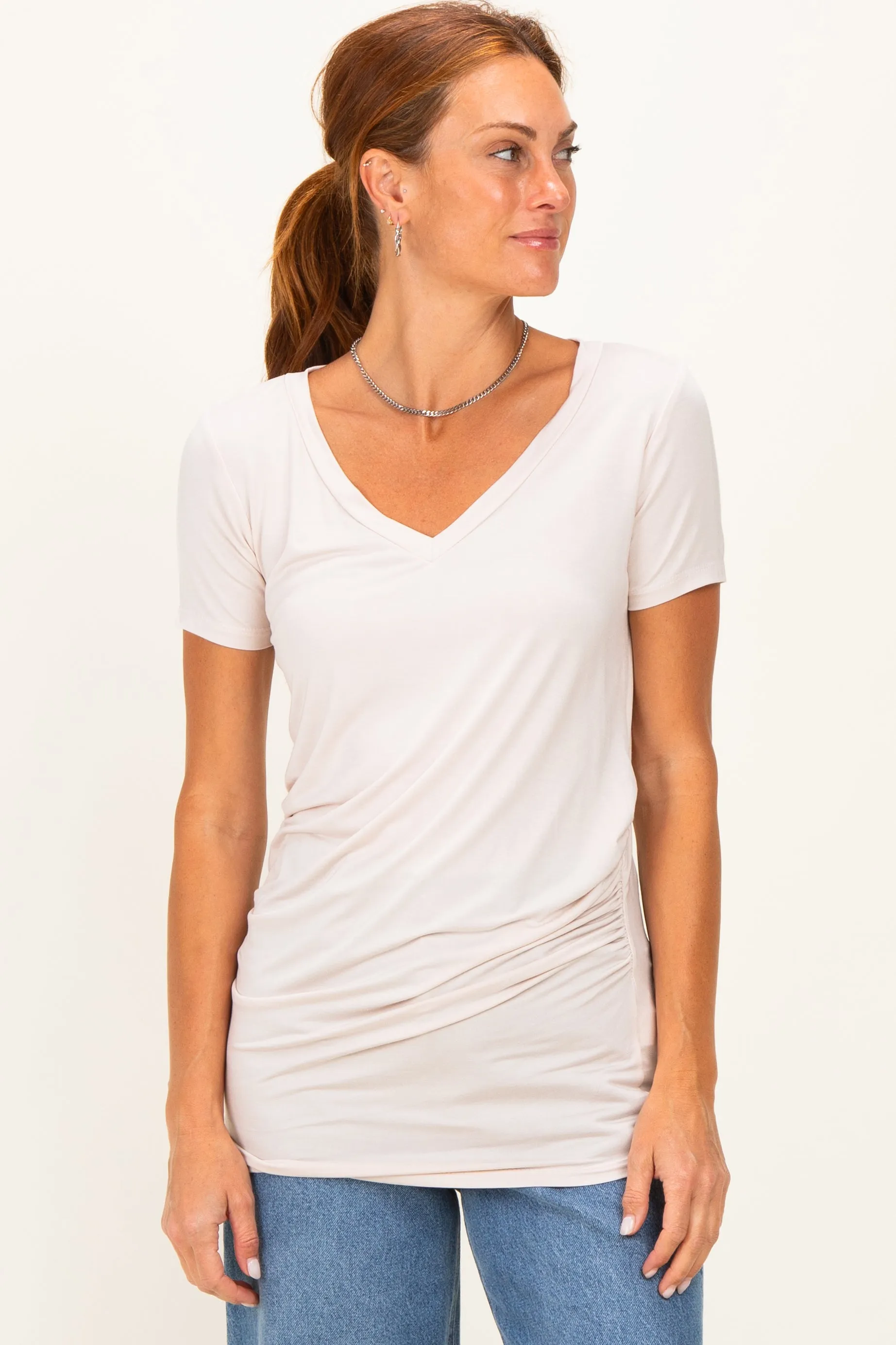 Beige V-Neck Ruched Side Top sold by Pinkblush product image thumbnail 2